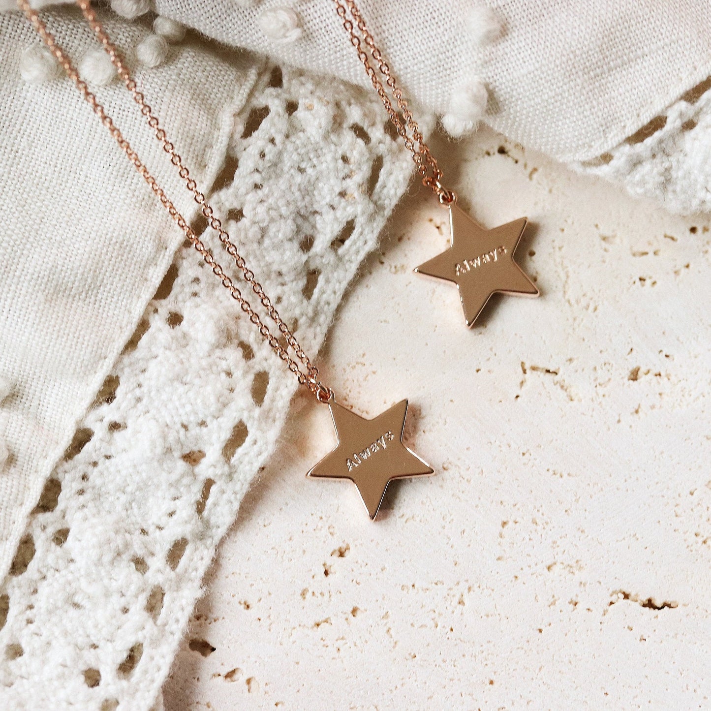 Mother Daughter Necklace Set, Personalised Gift for Mum, Dainty Star Necklace, Rose Gold Stacking Necklace, Minimalist Engraving Pendant