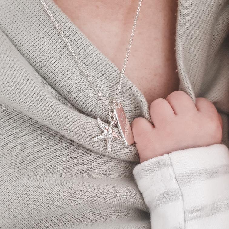 Sterling Silver Starfish Necklace: New Mum Charm, Birthstone Pendant