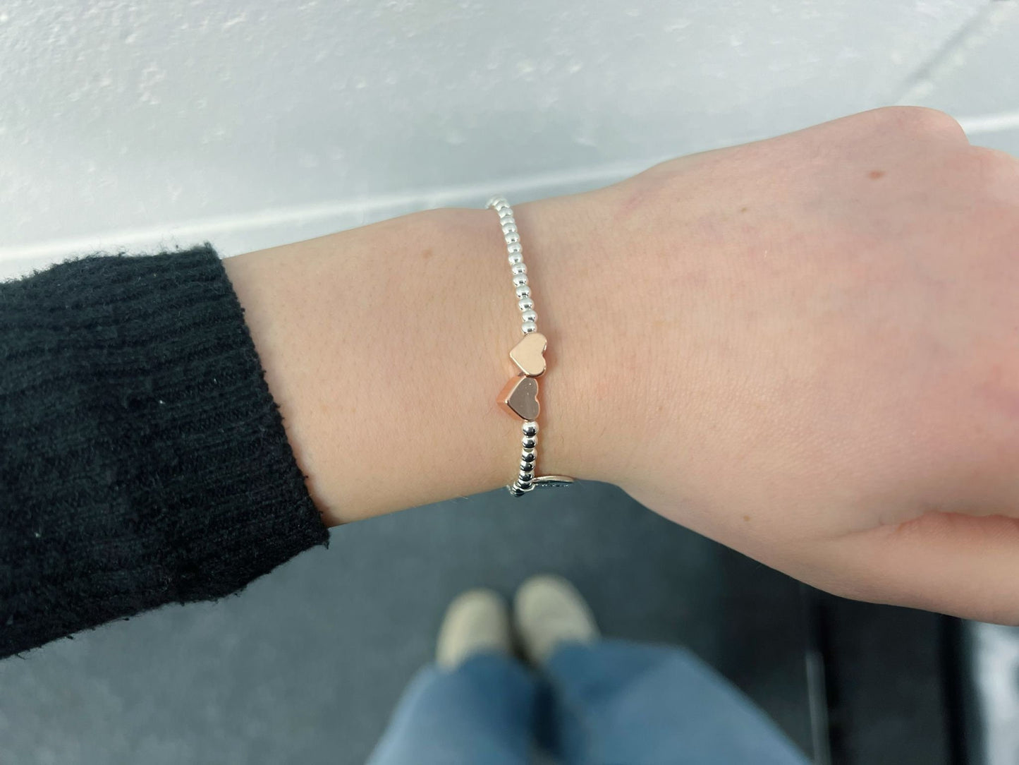 Rose Gold Double Heart Charm Bracelet, Silver Woman Elastic beaded Bracelet Size S, Christmas Sentimental Kids Gift For Her,Stocking Fillers