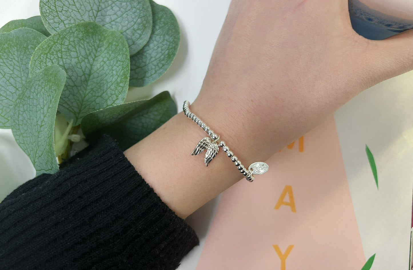 Silver Beads Guardian Angel Kids Bracelet, Silver Woman Elastic beaded Bracelet Size S, Christmas Sentimental Gift For Her,Stocking Fillers