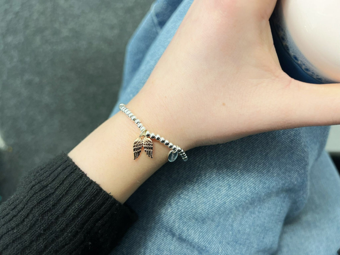 Silver Beads Angel Wings Kids Bracelet, Rose Gold Charm Woman Elastic beaded Bracelet Size S, Christmas Gift For Her,Stocking Fillers