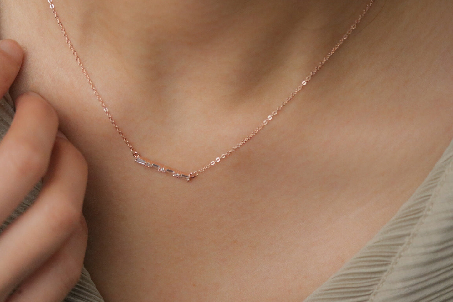 Gold Mum Necklace • Minimalist CZ Bar Pendant • Dainty Stacking Necklace •Silver Sparkle Diamond Floating Necklace • Christmas Gift for Her