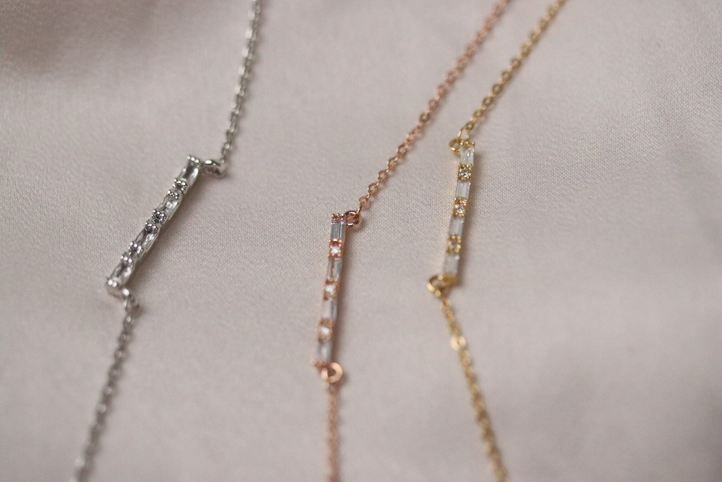 Gold Mum Necklace • Minimalist CZ Bar Pendant • Dainty Stacking Necklace •Silver Sparkle Diamond Floating Necklace • Christmas Gift for Her