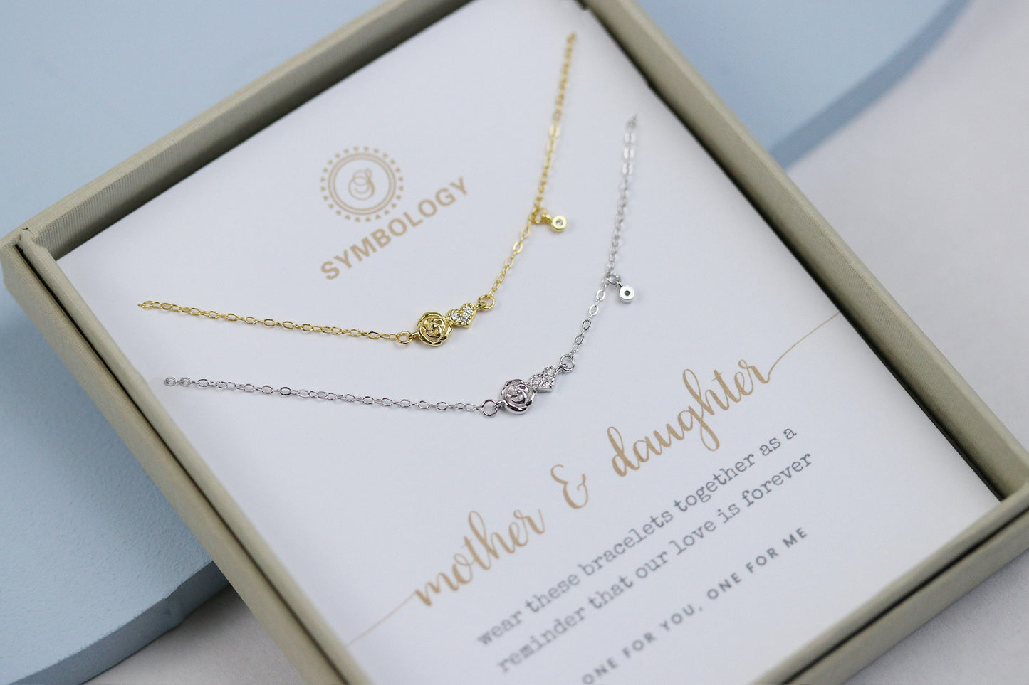 Mother Daughter Rose Bracelet Set, Minimalist Tiny Rose Bracelet for Mum, 925 Silver Stacking Daughter Bracelet, Christmas Gift for Her
