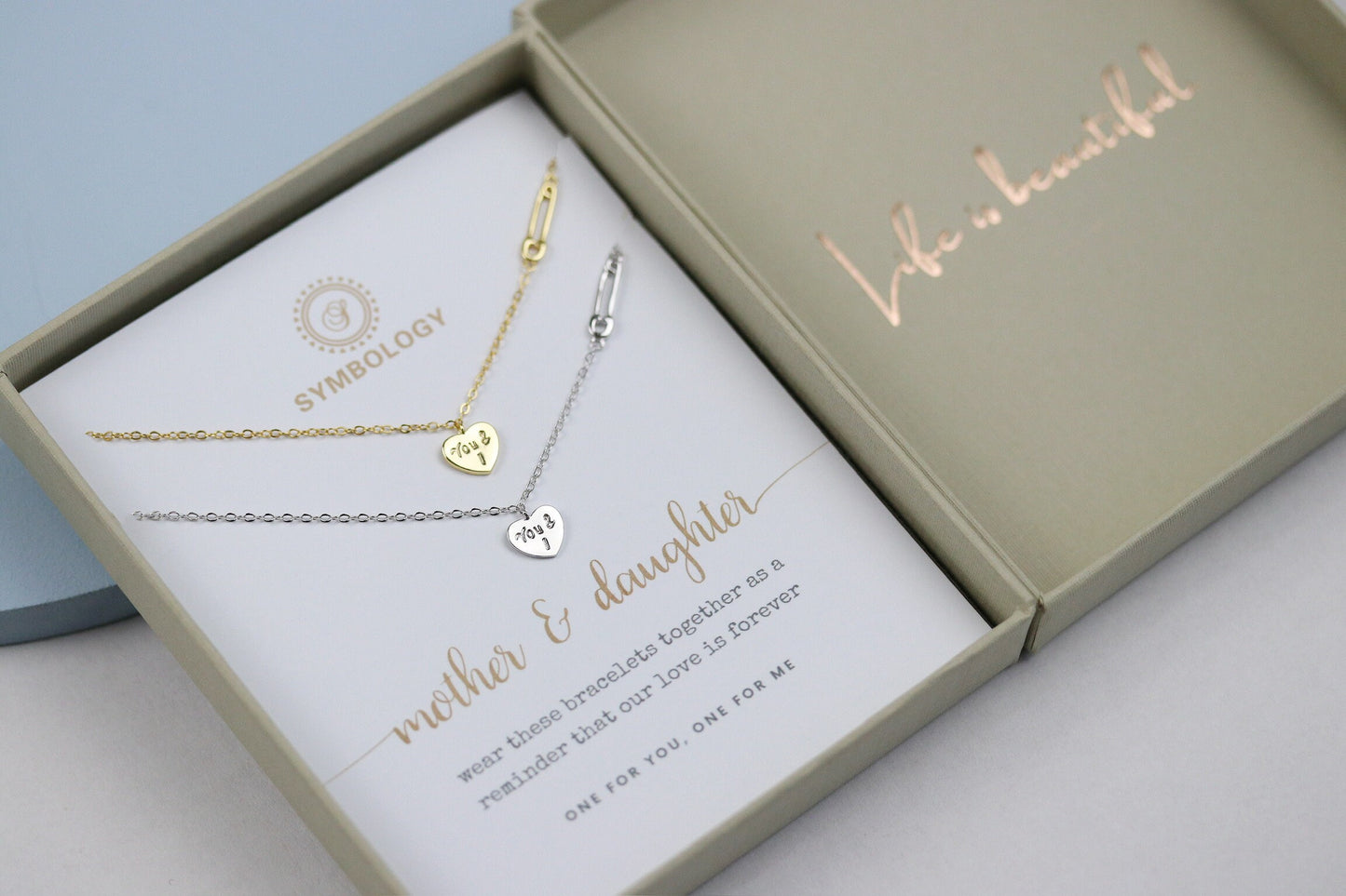 Mother Daughter Bracelet Set, Minimalist Tiny Heart Bracelet for Mum, 925 Silver You & I Stacking Daughter Bracelet, Birthday Gift for Her