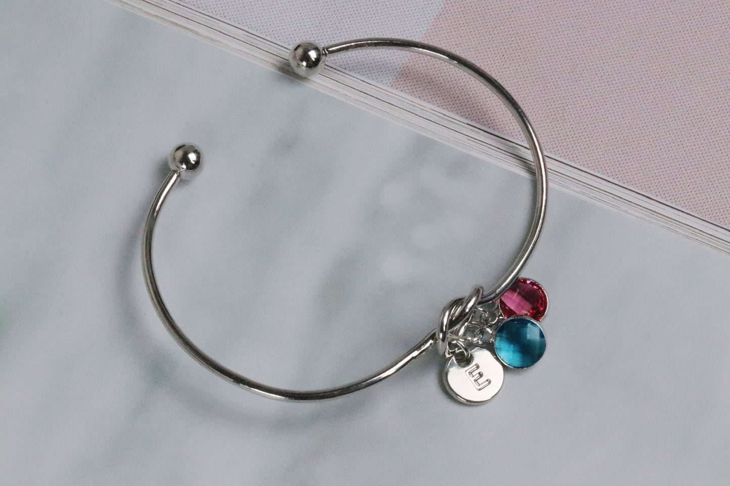 Personalised Sister Bangle, Silver Knot Initial Bracelet, Birthstone Open Bangle, Birthday Gift for Her, Sister Custom alphabet Bracelet