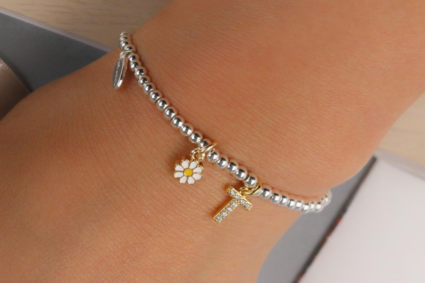 Flower Girl Bracelet, Bridesmaid Box Filler with Card, Silver Initial Bracelet, Bridal Party Gift, Wedding Theme Gift, Custom Kids Bracelet