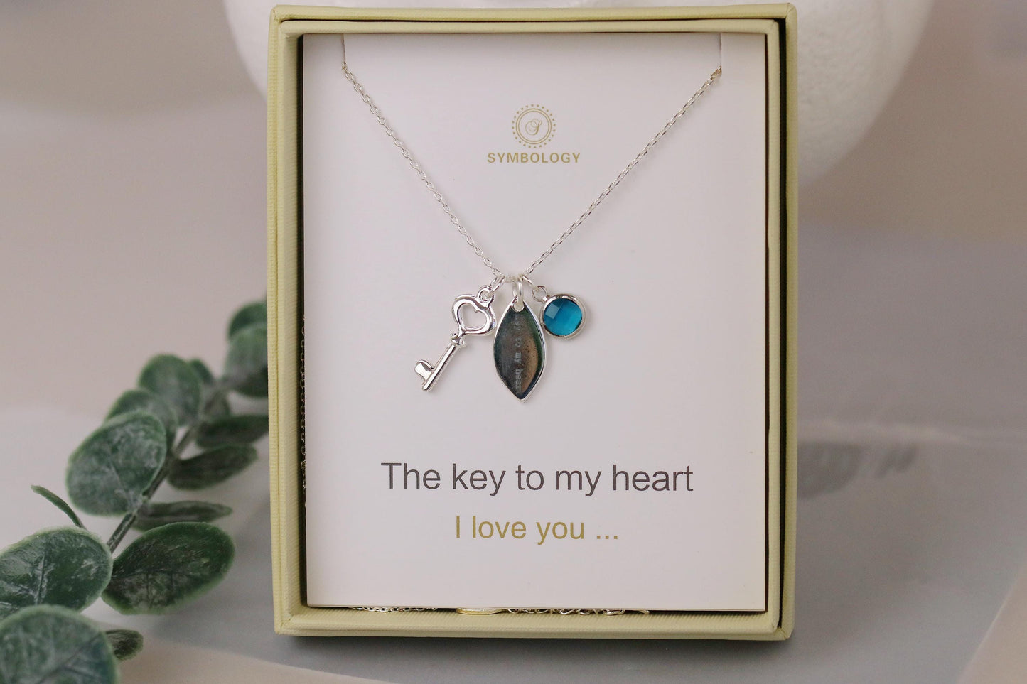 Silver Key Necklace: Personalized Birthstone Initial Charm