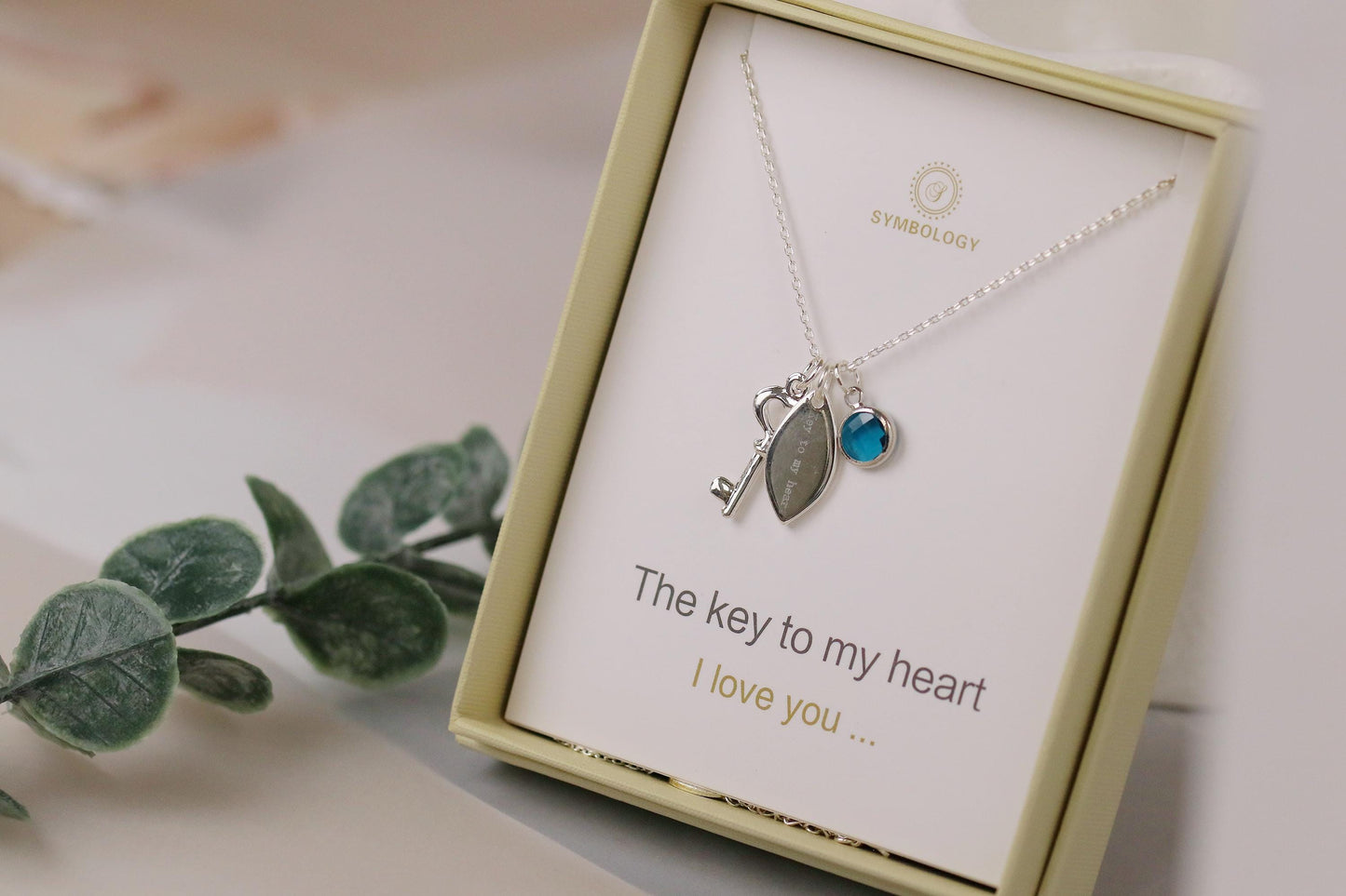 Silver Key Necklace: Personalized Birthstone Initial Charm