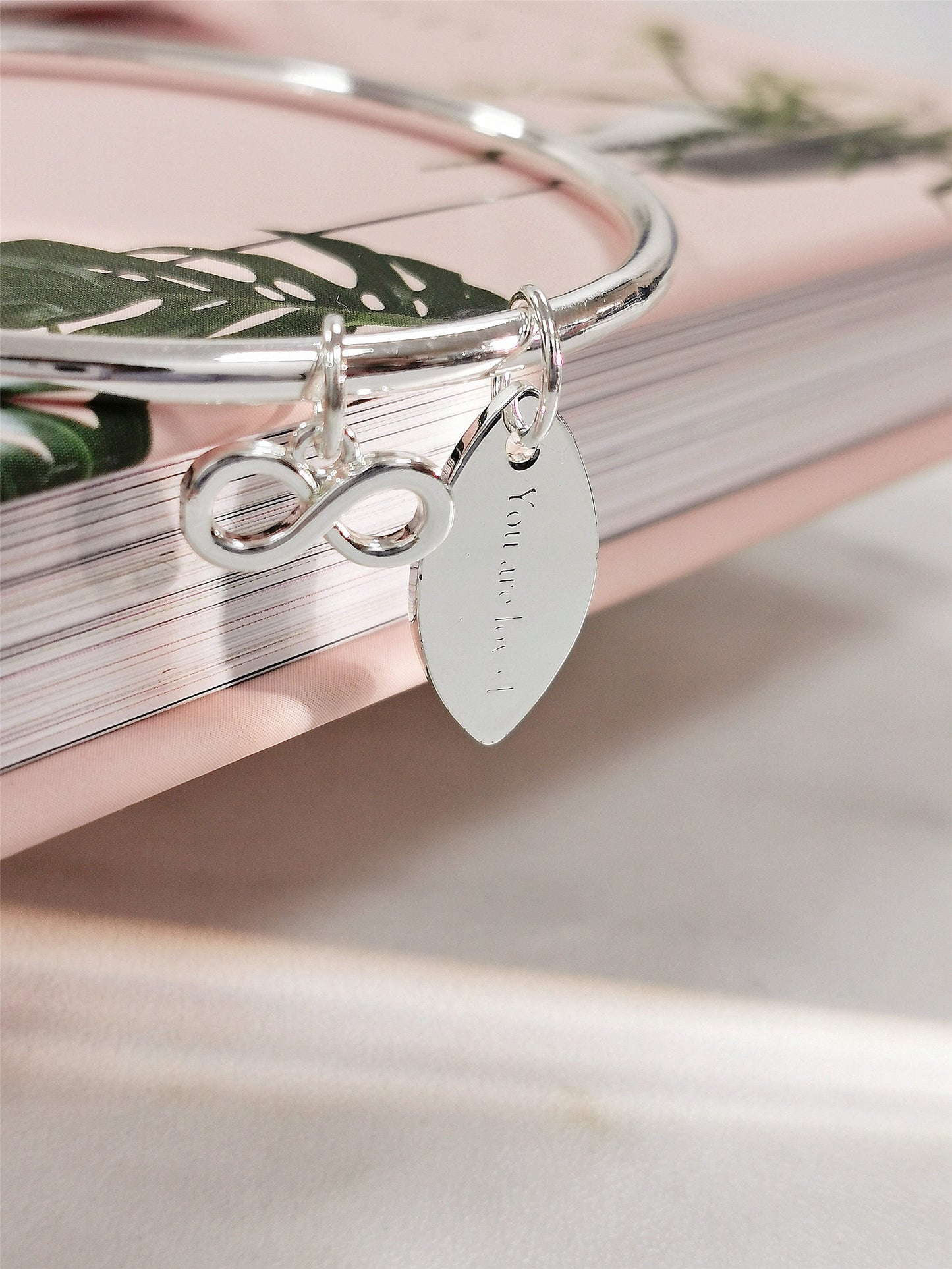 You Are Loved Bangle with Silver Infinity Charm, Symbology, Symbol Bangle, Sentimental, Birthday Gift, Anniversary, Best Wife (Gift boxed)