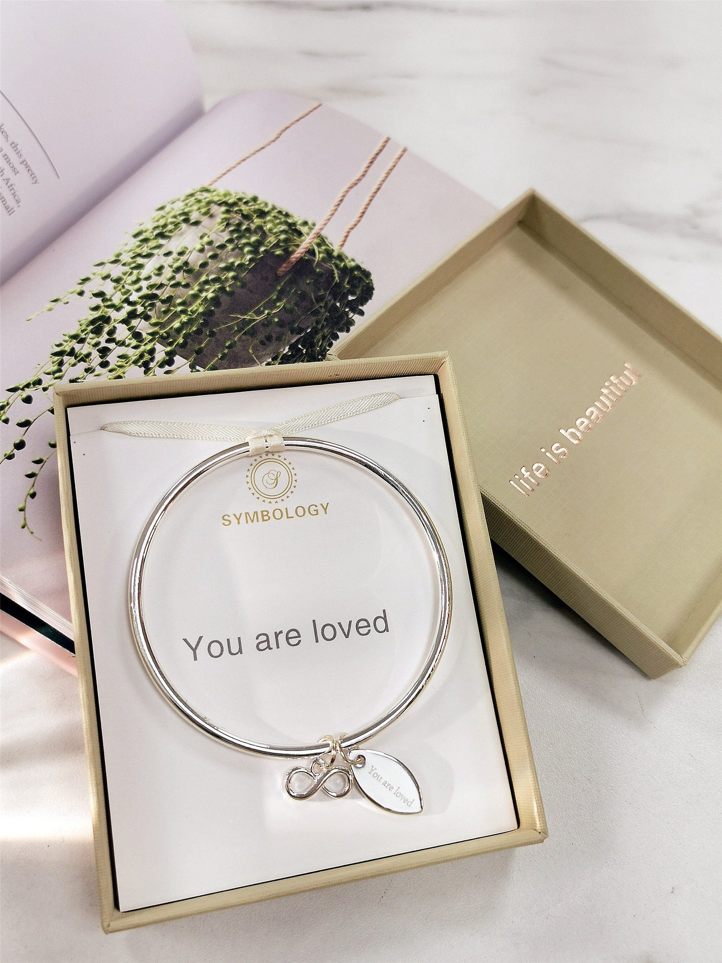 You Are Loved Bangle with Silver Infinity Charm, Symbology, Symbol Bangle, Sentimental, Birthday Gift, Anniversary, Best Wife (Gift boxed)