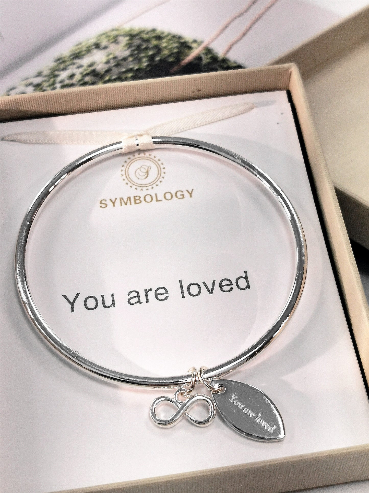You Are Loved Bangle with Silver Infinity Charm, Symbology, Symbol Bangle, Sentimental, Birthday Gift, Anniversary, Best Wife (Gift boxed)