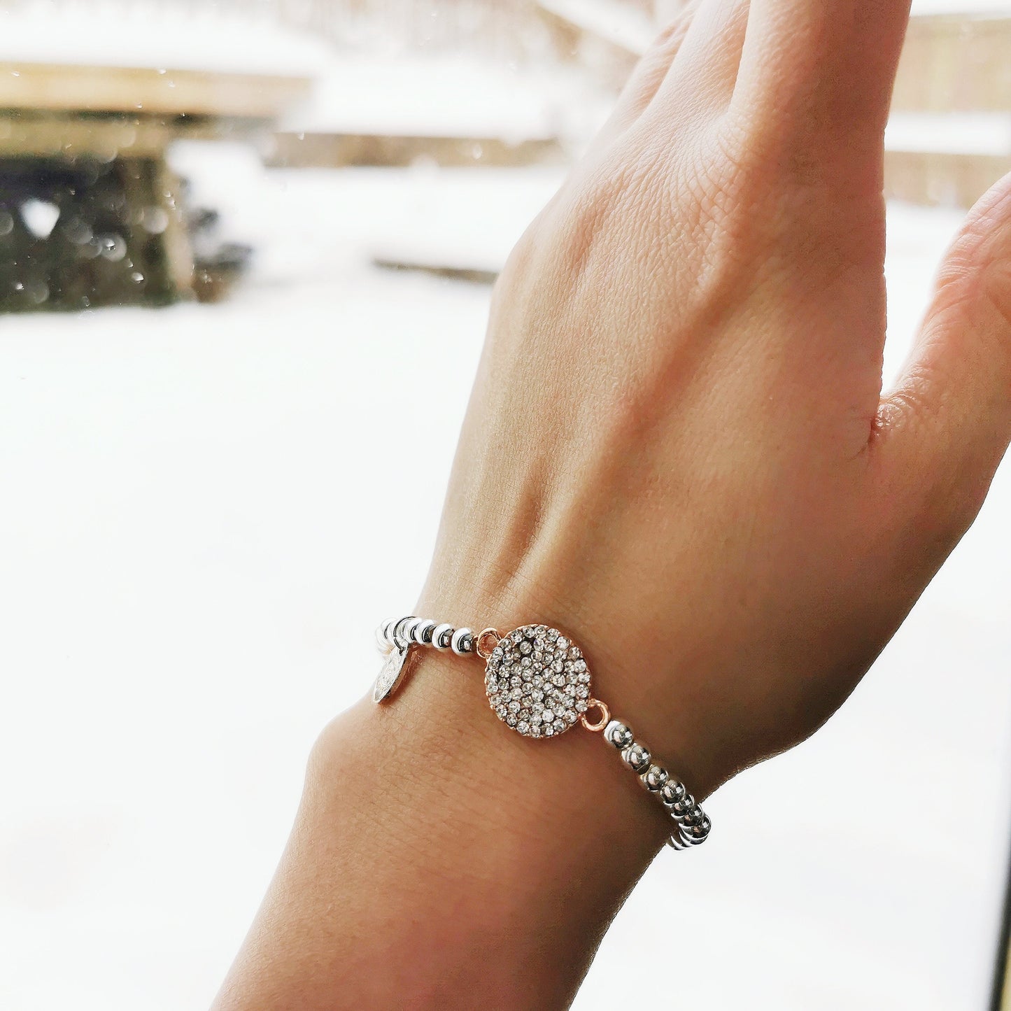 Fabulous Teacher Bracelet /Silver Beads Bracelet with Rose Gold Crystal Pave Disc Symbol Charm / Gift For Teacher / Best Teacher Gift