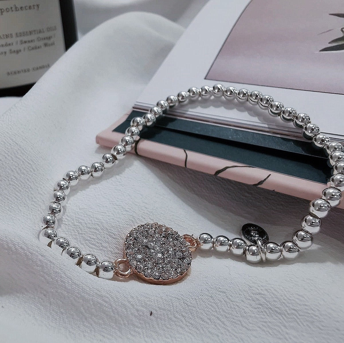 Fabulous Teacher Bracelet /Silver Beads Bracelet with Rose Gold Crystal Pave Disc Symbol Charm / Gift For Teacher / Best Teacher Gift