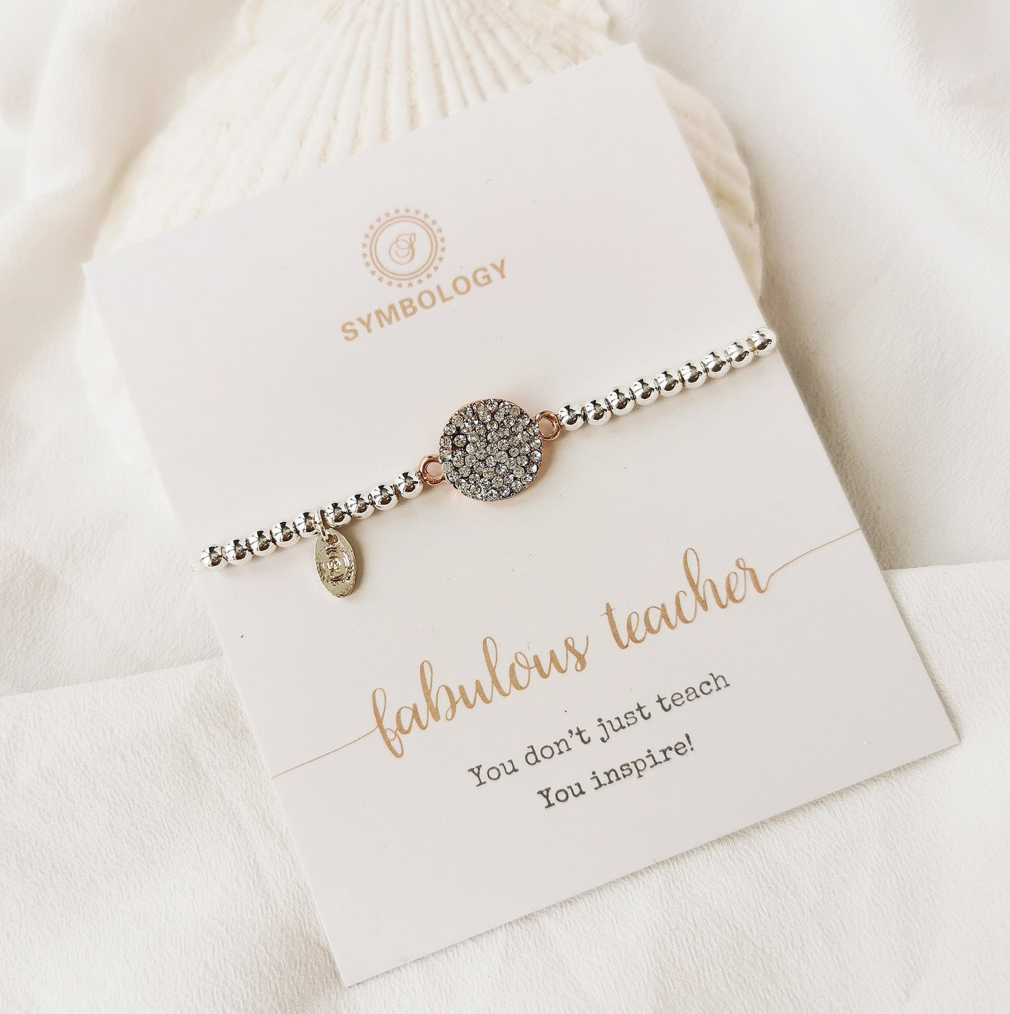 Fabulous Teacher Bracelet /Silver Beads Bracelet with Rose Gold Crystal Pave Disc Symbol Charm / Gift For Teacher / Best Teacher Gift
