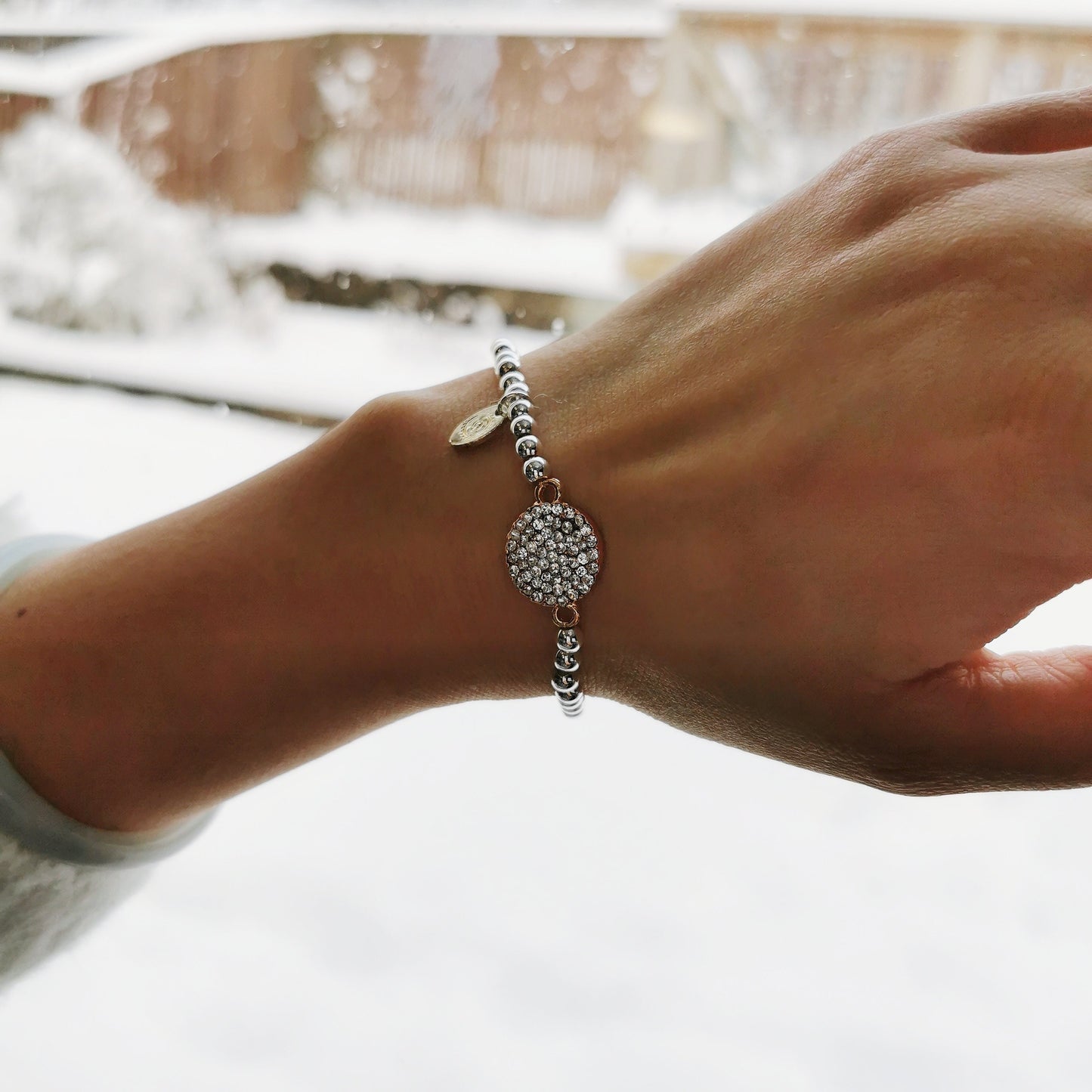 Fabulous Teacher Bracelet /Silver Beads Bracelet with Rose Gold Crystal Pave Disc Symbol Charm / Gift For Teacher / Best Teacher Gift