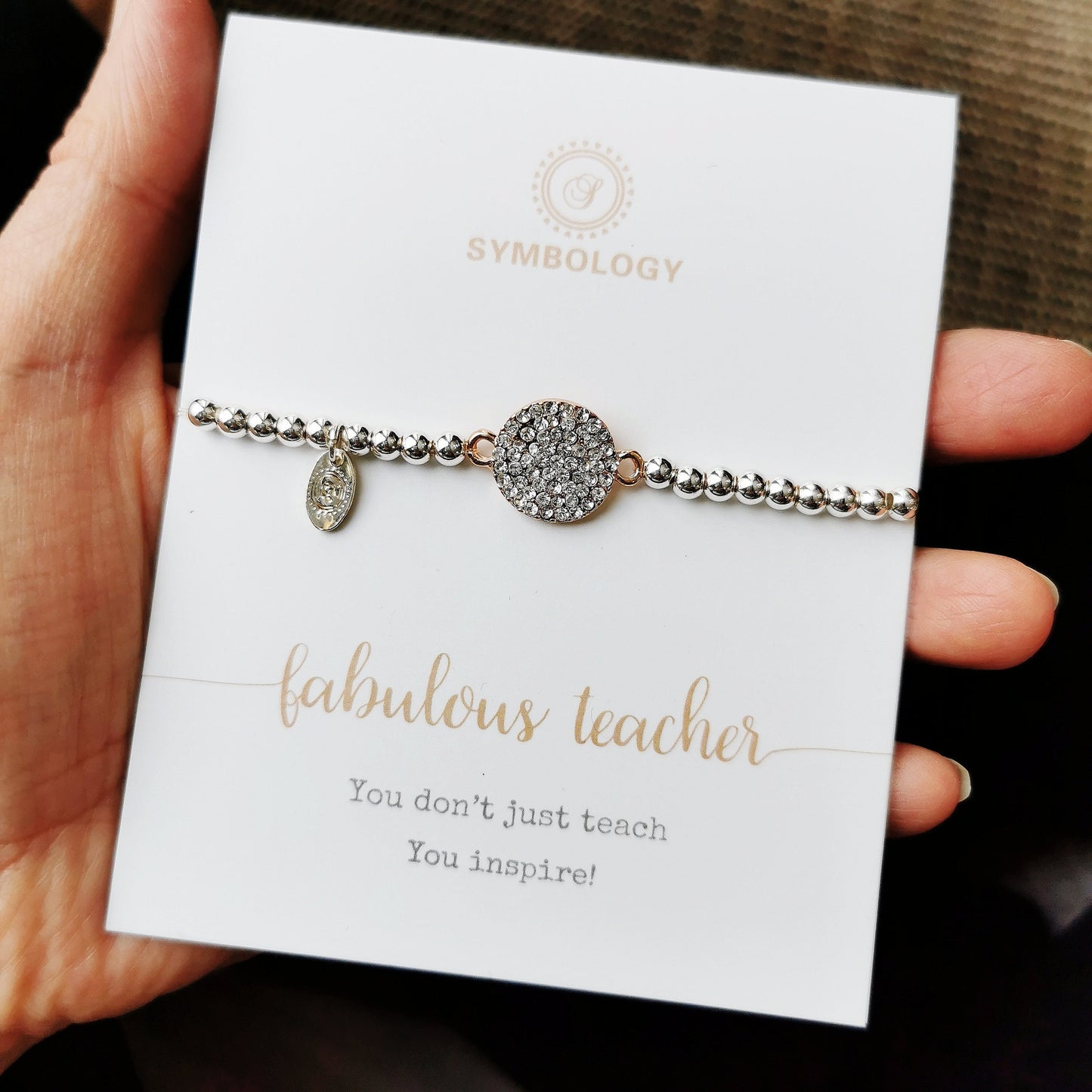 Fabulous Teacher Bracelet /Silver Beads Bracelet with Rose Gold Crystal Pave Disc Symbol Charm / Gift For Teacher / Best Teacher Gift
