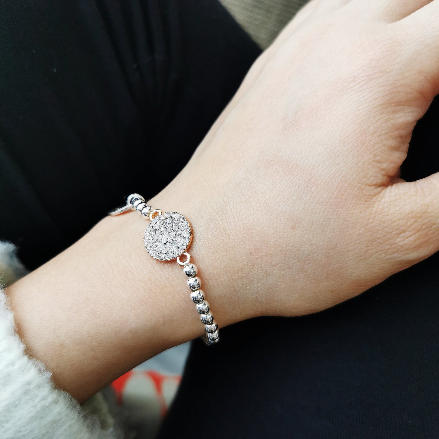 Fabulous Teacher Bracelet /Silver Beads Bracelet with Rose Gold Crystal Pave Disc Symbol Charm / Gift For Teacher / Best Teacher Gift
