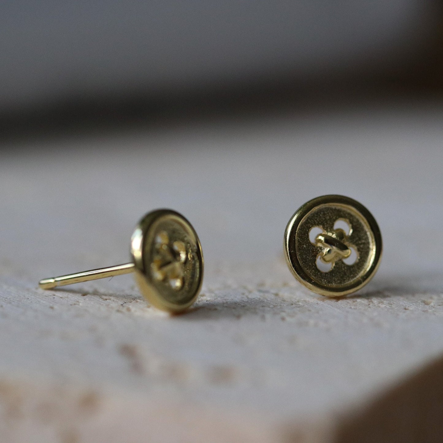 Dainty Button Stud Earrings, Silver and Gold Minimalist Earrings with Tiny Button, Unique and Quirky Womens Jewellery, Gift for Her