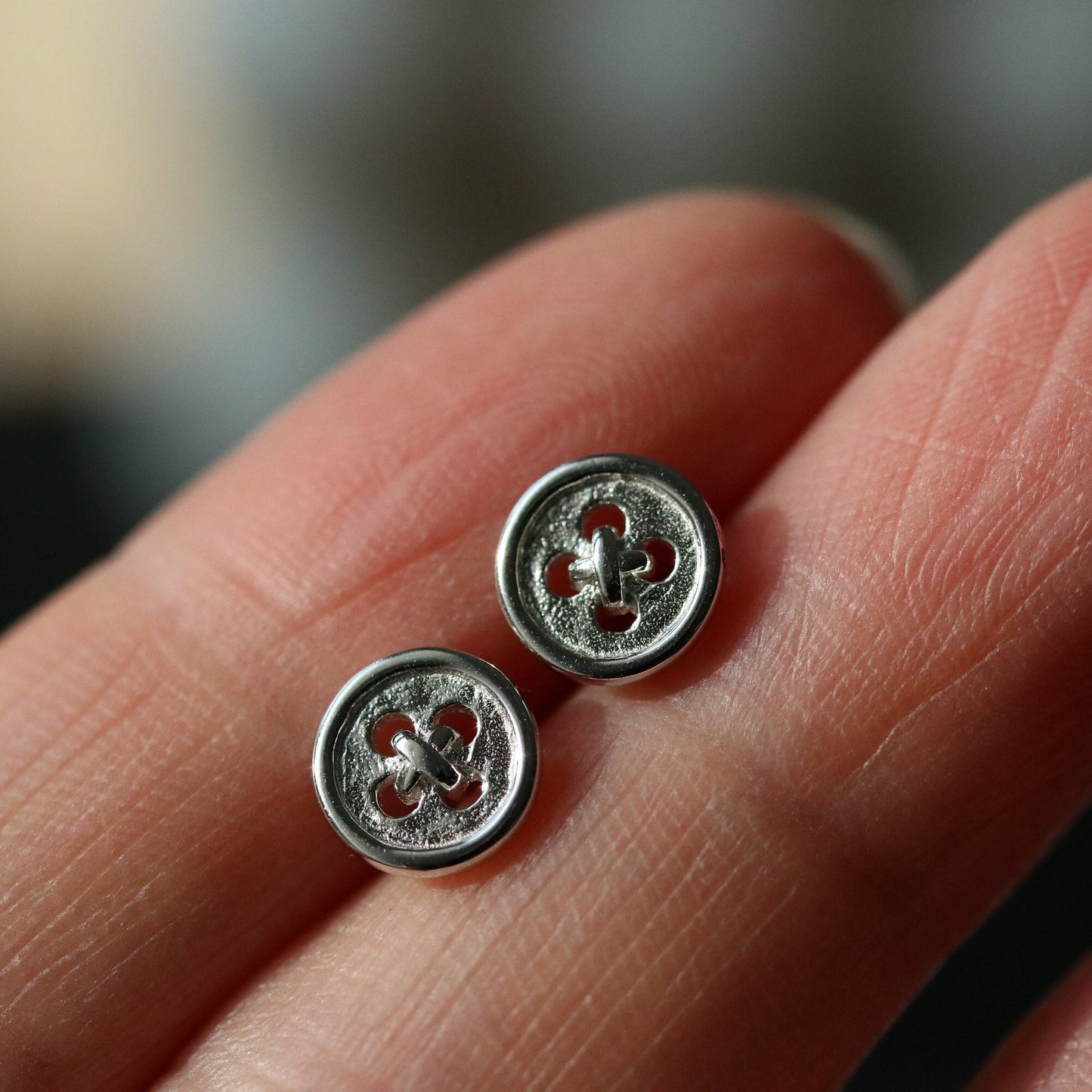 Dainty Button Stud Earrings, Silver and Gold Minimalist Earrings with Tiny Button, Unique and Quirky Womens Jewellery, Gift for Her