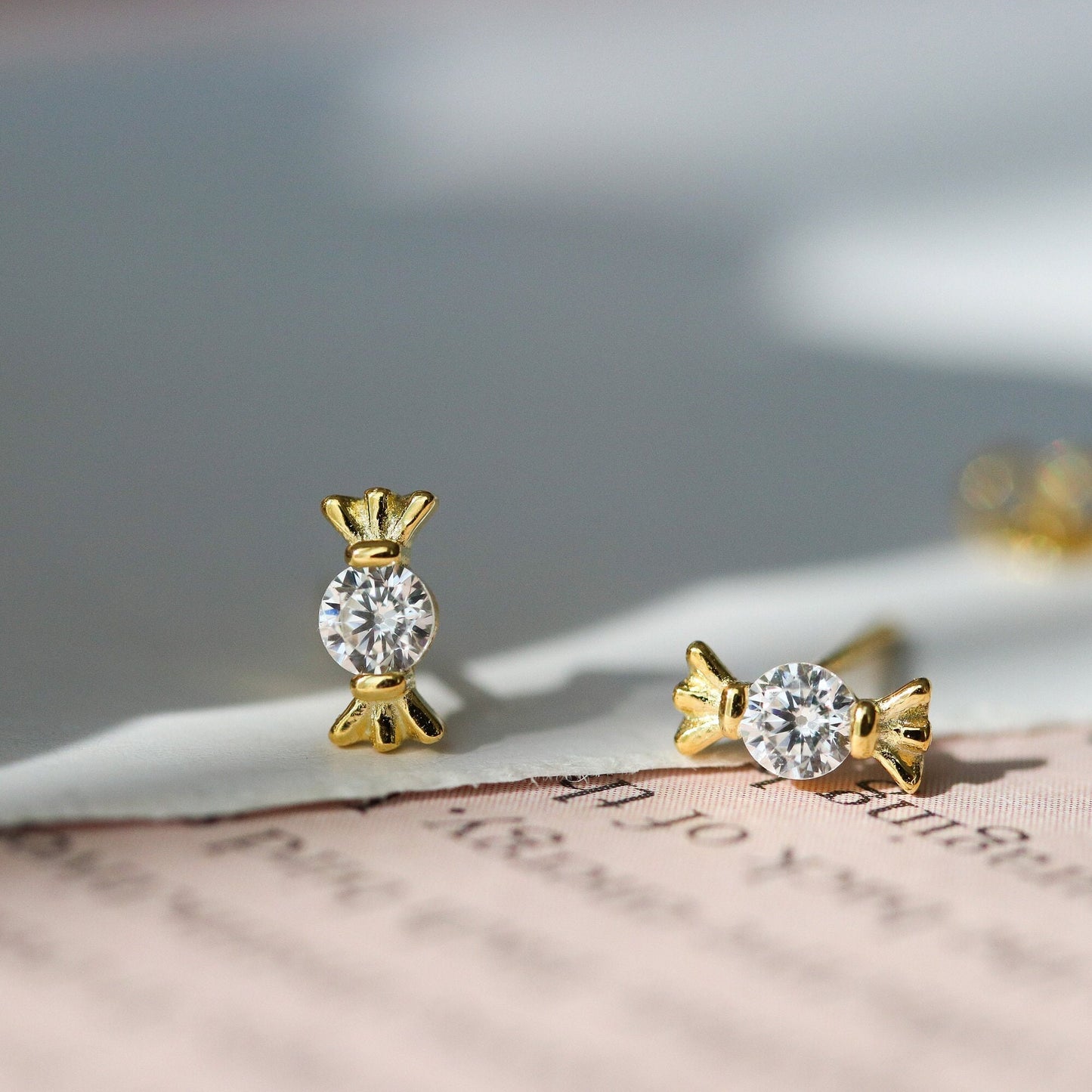 Tiny CZ Pave Candy Earrings, Minimalist Sweet Stud Earrings, Dainty Gold Diamante Studs, Unique Cute Womens Jewellery, Gift for Her