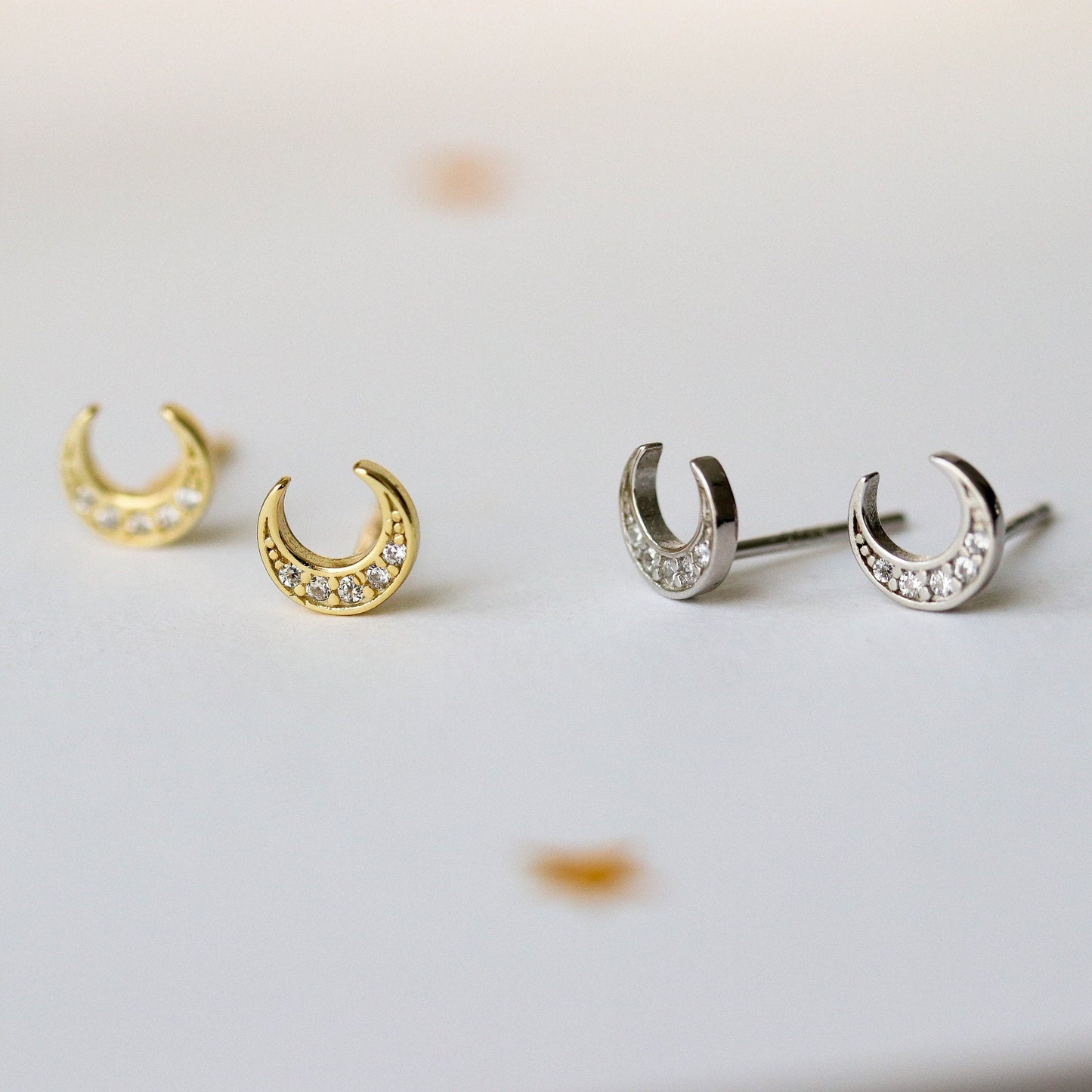 Tiny CZ Pave Crescent Moon Earrings, Gold Silver Stud Earrings, Sparkly Diamante Studs, Dainty Minimalistic Womens Jewellery, Gift for Her