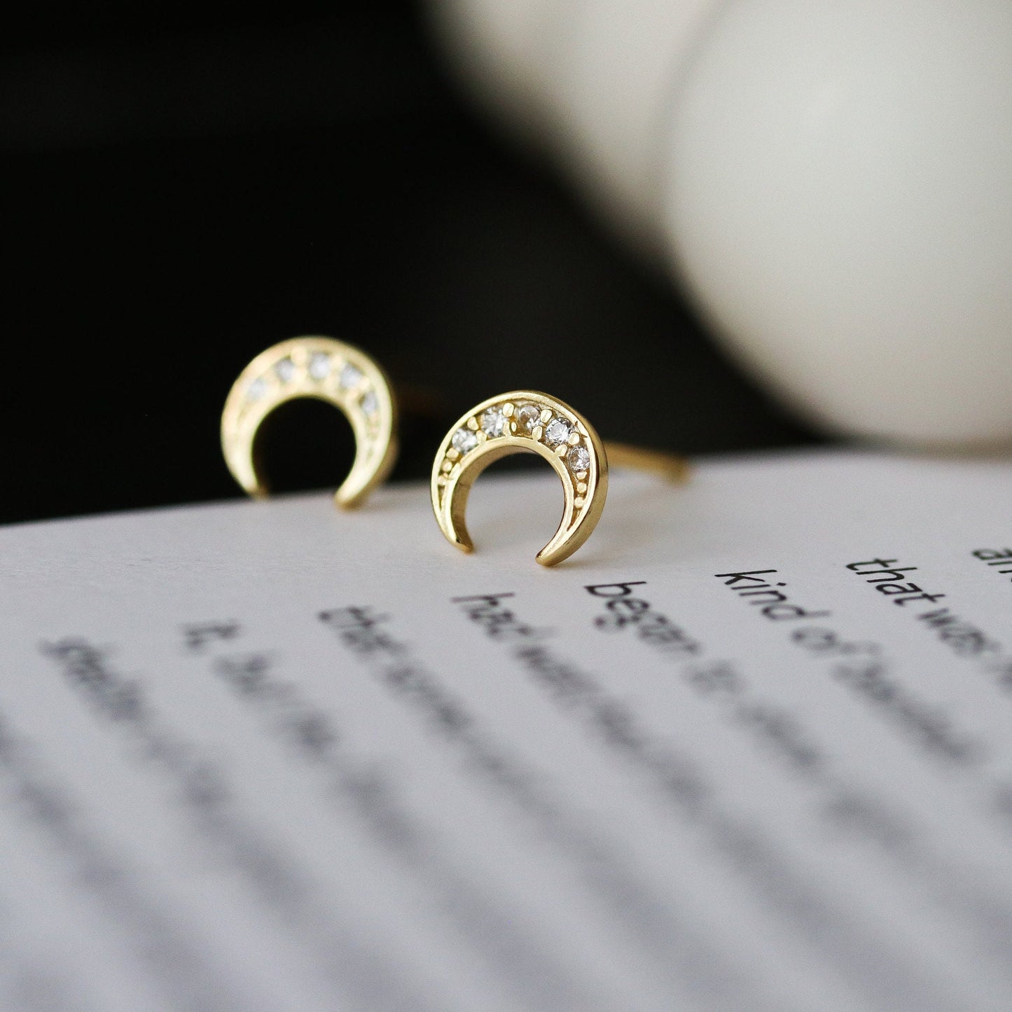 Tiny CZ Pave Crescent Moon Earrings, Gold Silver Stud Earrings, Sparkly Diamante Studs, Dainty Minimalistic Womens Jewellery, Gift for Her