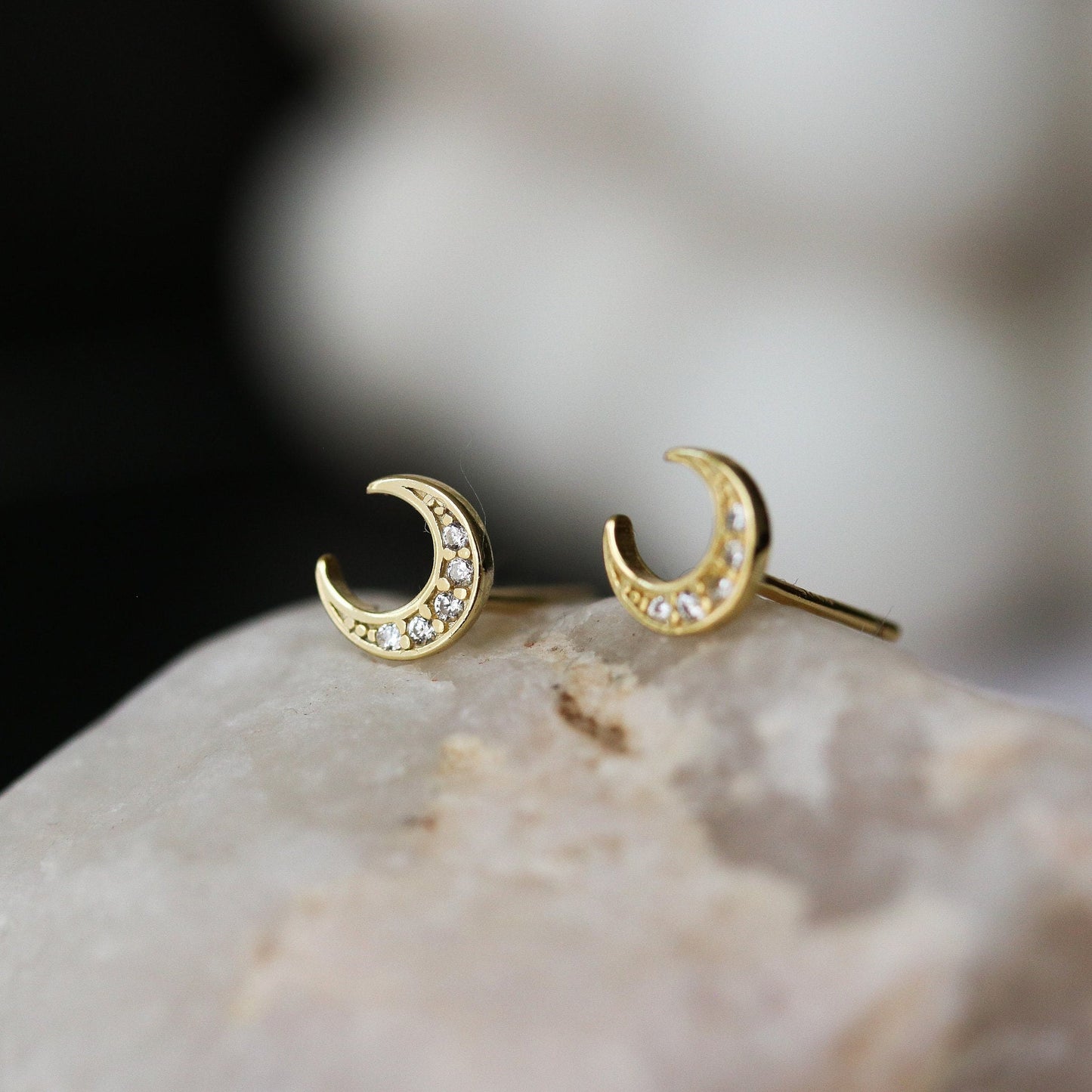 Tiny CZ Pave Crescent Moon Earrings, Gold Silver Stud Earrings, Sparkly Diamante Studs, Dainty Minimalistic Womens Jewellery, Gift for Her