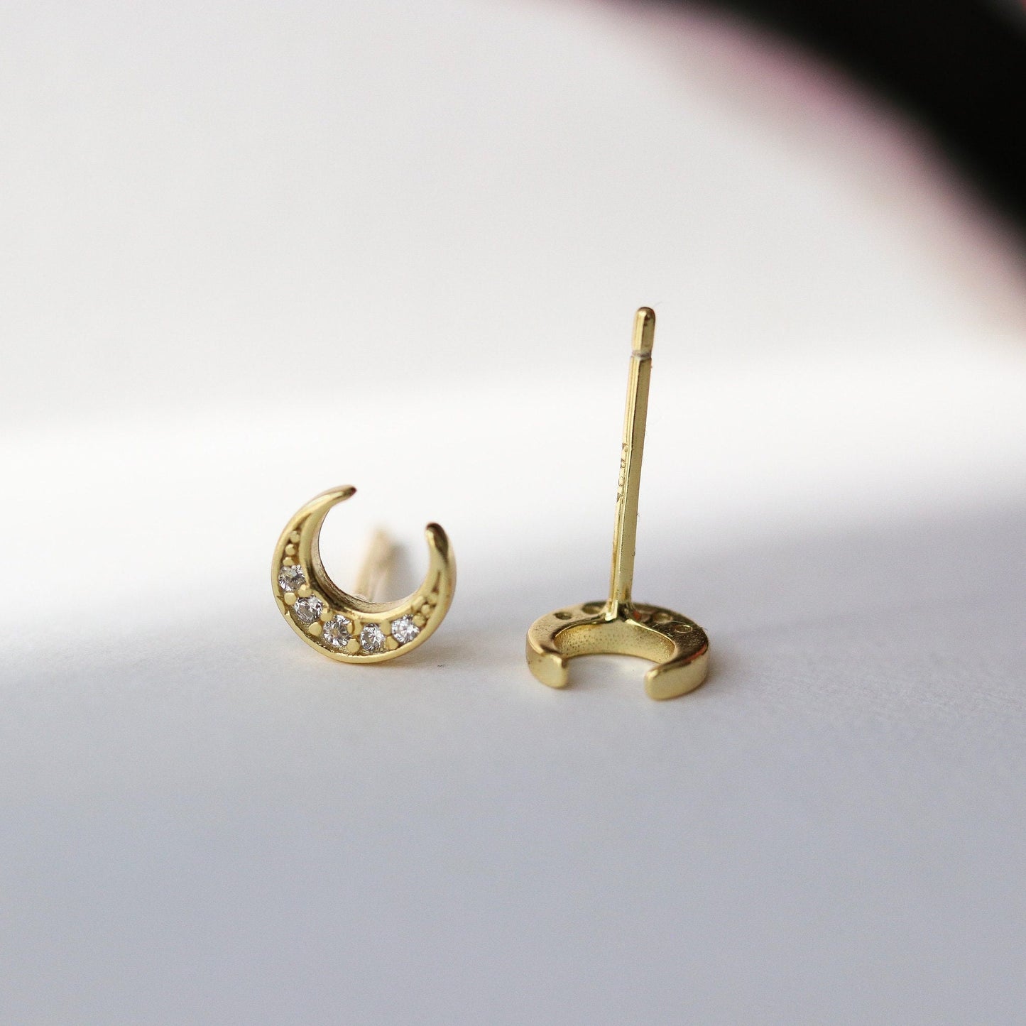 Tiny CZ Pave Crescent Moon Earrings, Gold Silver Stud Earrings, Sparkly Diamante Studs, Dainty Minimalistic Womens Jewellery, Gift for Her