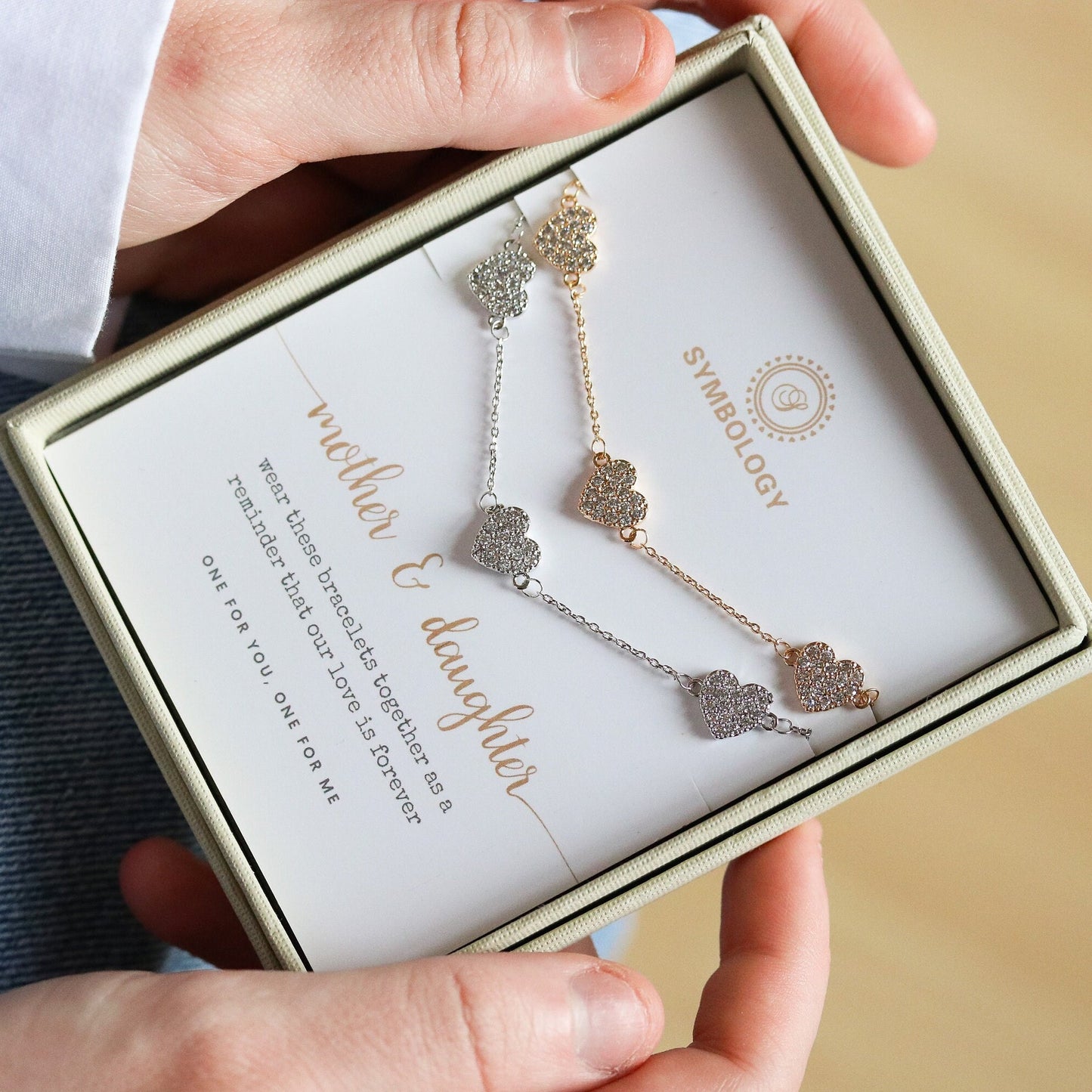 Mother Daughter Triple Heart Bracelet Set, Personalised CZ Pave Love Heart Bracelet for Mum/Sister/Friend/Bridesmaid/Graduation Gift for Her