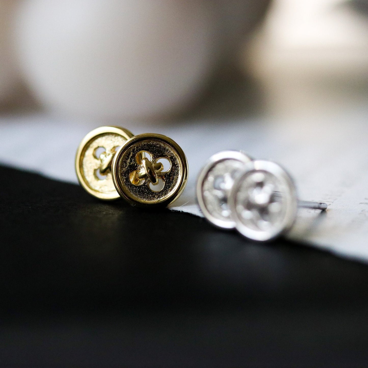 Dainty Button Stud Earrings, Silver and Gold Minimalist Earrings with Tiny Button, Unique and Quirky Womens Jewellery, Gift for Her