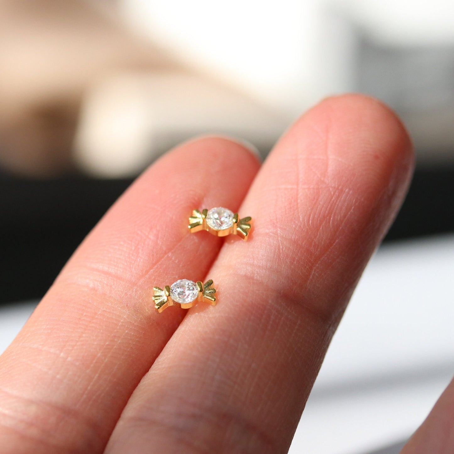 Tiny CZ Pave Candy Earrings, Minimalist Sweet Stud Earrings, Dainty Gold Diamante Studs, Unique Cute Womens Jewellery, Gift for Her