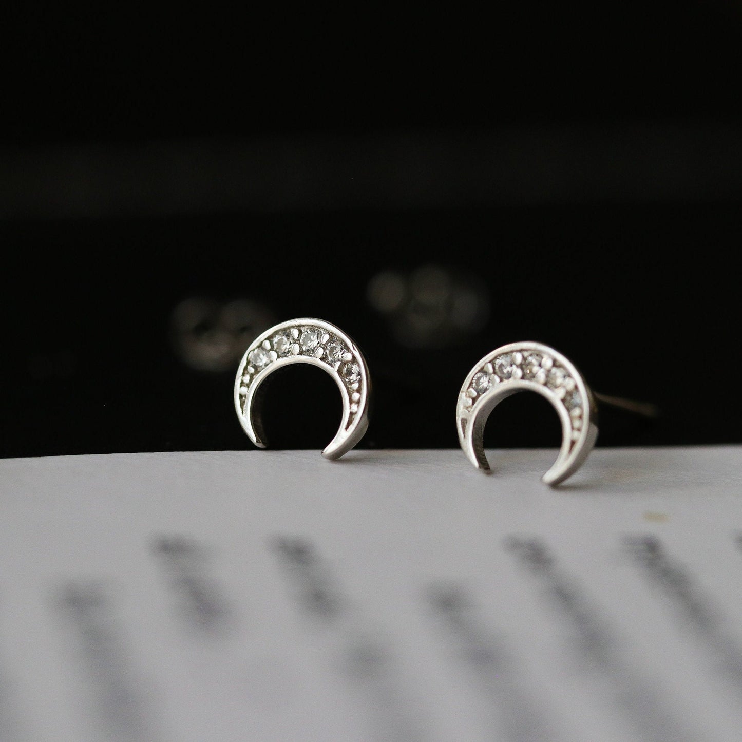 Tiny CZ Pave Crescent Moon Earrings, Gold Silver Stud Earrings, Sparkly Diamante Studs, Dainty Minimalistic Womens Jewellery, Gift for Her