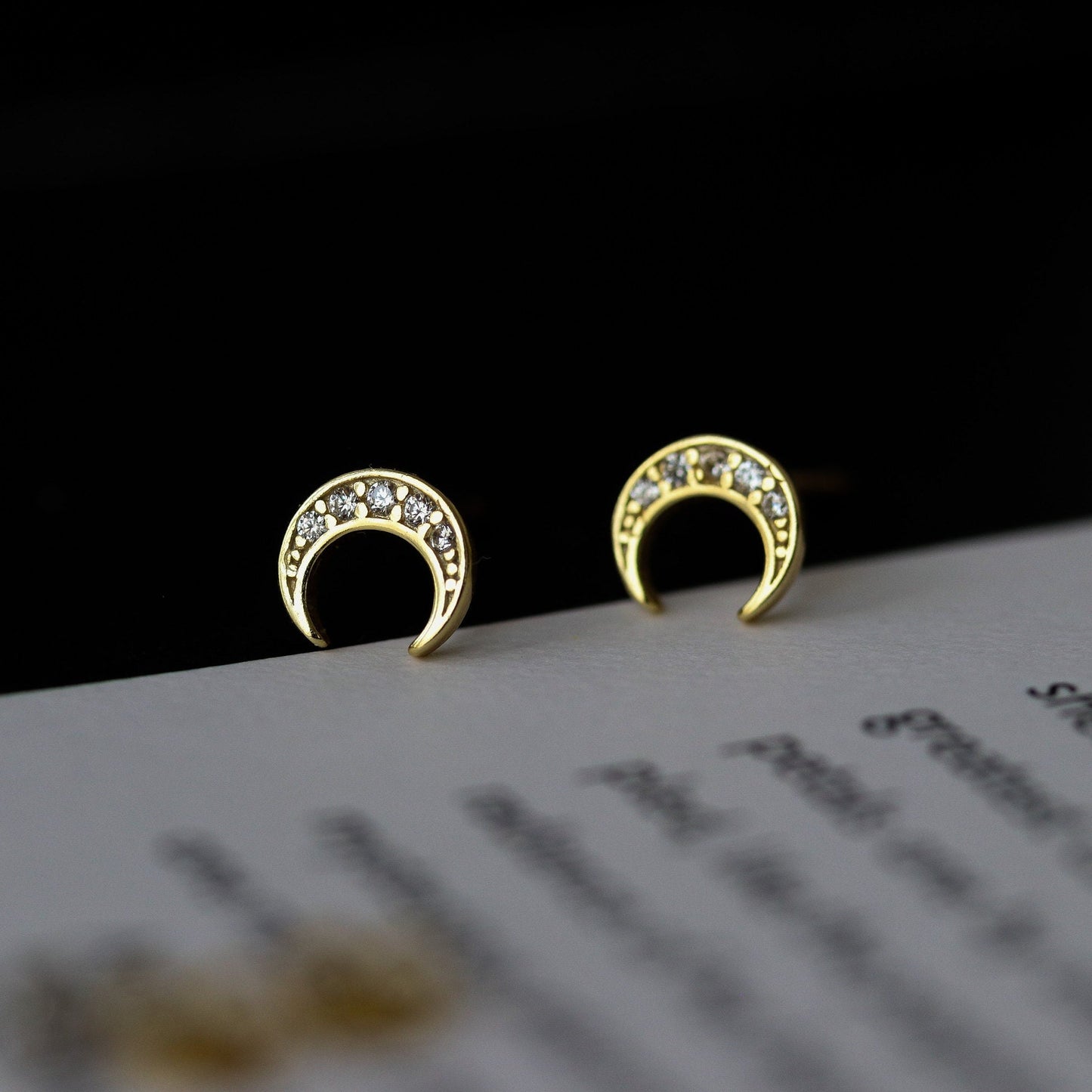 Tiny CZ Pave Crescent Moon Earrings, Gold Silver Stud Earrings, Sparkly Diamante Studs, Dainty Minimalistic Womens Jewellery, Gift for Her