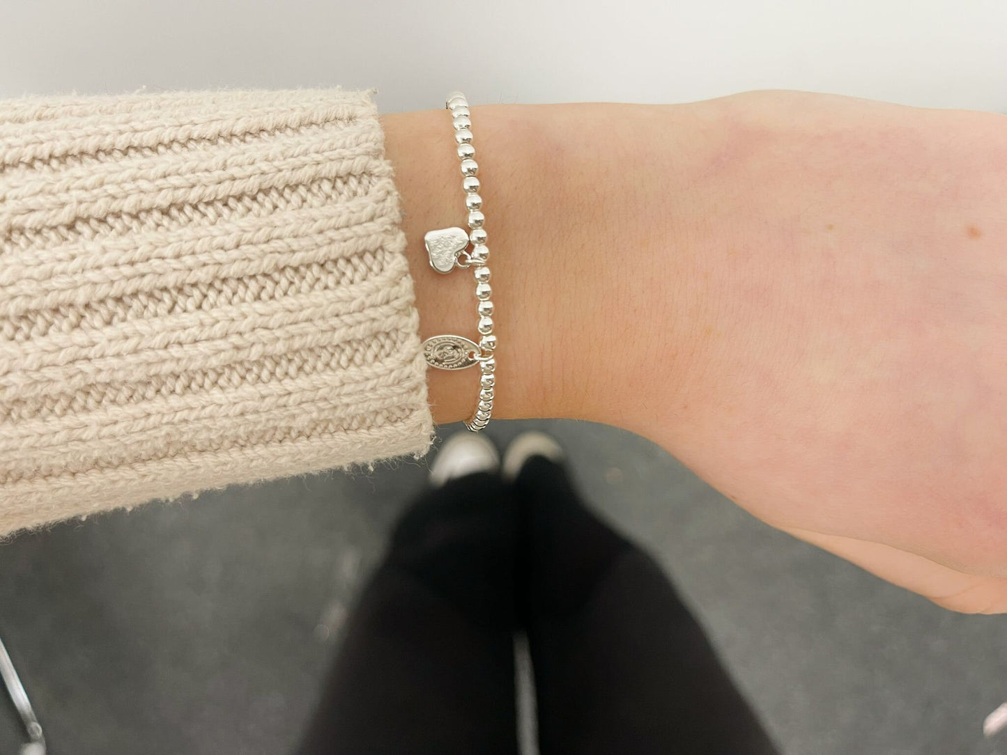 Silver Beads Love Heart Kids Bracelet, Silver Woman Elastic beaded Bracelet Size S, Christmas Sentimental Kids Gift For Her,Stocking Fillers
