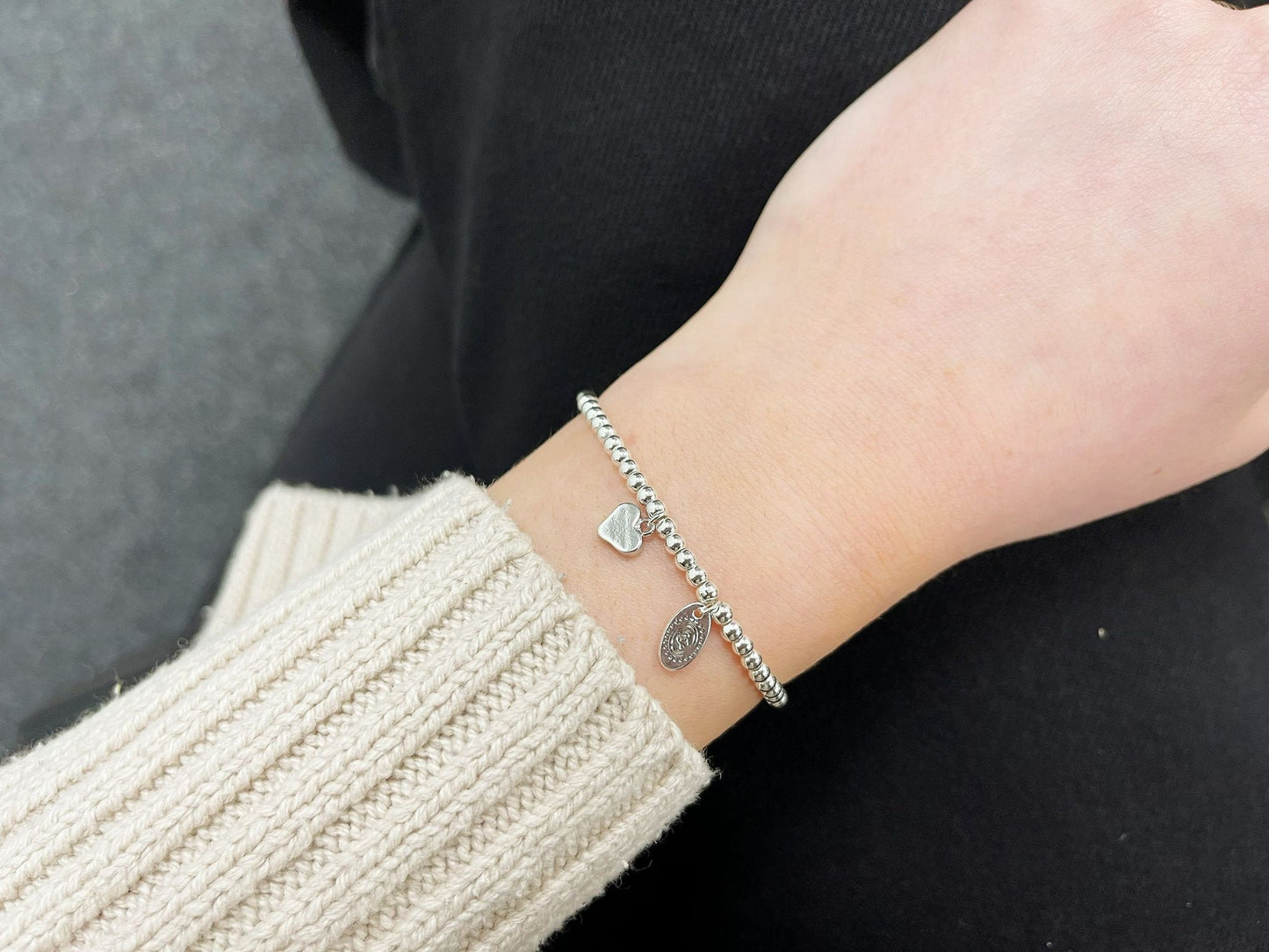 Silver Beads Love Heart Kids Bracelet, Silver Woman Elastic beaded Bracelet Size S, Christmas Sentimental Kids Gift For Her,Stocking Fillers