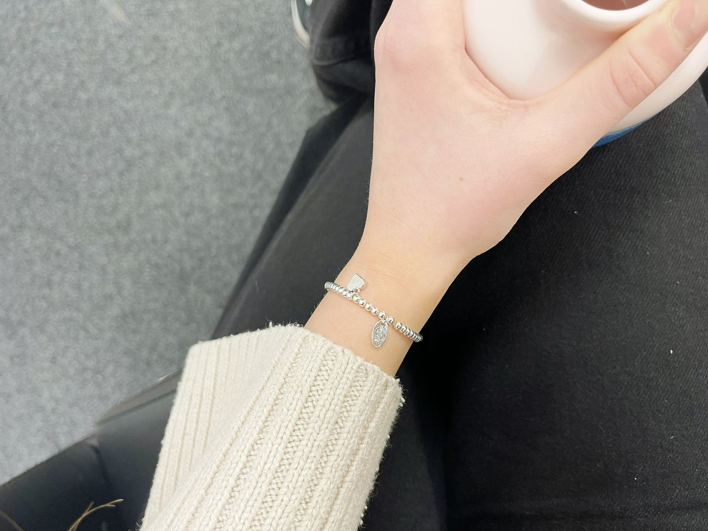Silver Beads Love Heart Kids Bracelet, Silver Woman Elastic beaded Bracelet Size S, Christmas Sentimental Kids Gift For Her,Stocking Fillers