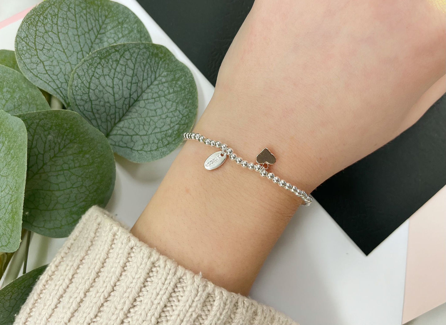 Rose Gold Heart Charm Bracelet, Heart of Gold Beaded Bracelet, Size Small Adults Bracelet, Christmas gift for Child, Sentimental Kids Gift