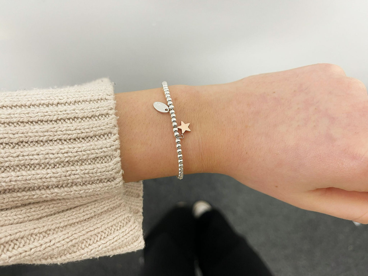 Rose Gold Beads Star Kids Bracelet, Silver Woman Elastic beaded Bracelet Size S, Christmas Sentimental Kids Gift For Her,Stocking Fillers