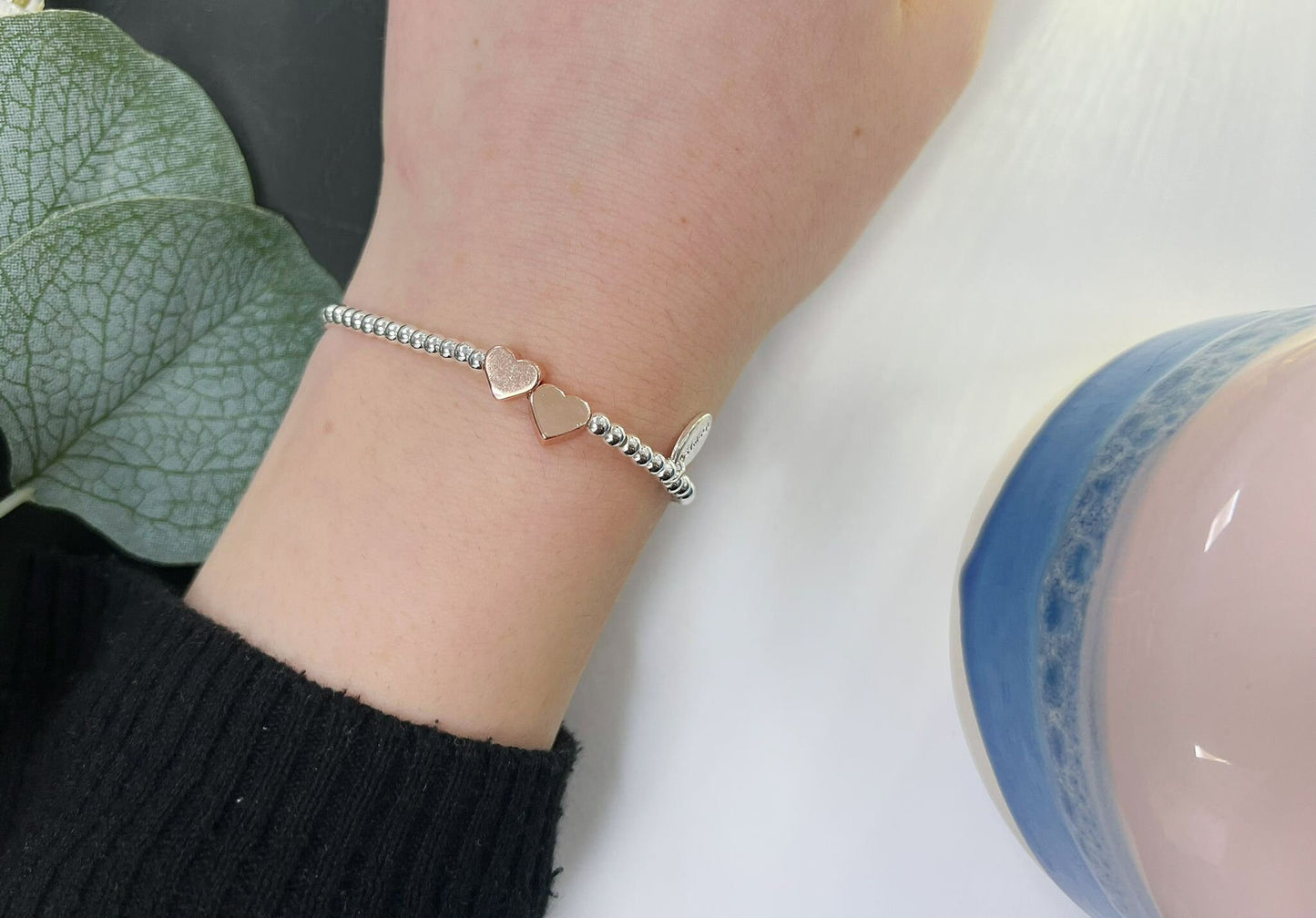 Rose Gold Double Heart Charm Bracelet, Silver Woman Elastic beaded Bracelet Size S, Christmas Sentimental Kids Gift For Her,Stocking Fillers