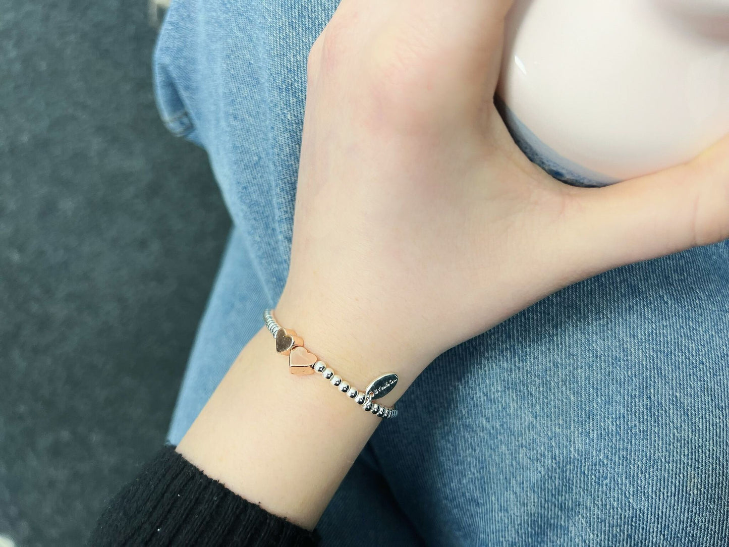 Rose Gold Double Heart Charm Bracelet, Silver Woman Elastic beaded Bracelet Size S, Christmas Sentimental Kids Gift For Her,Stocking Fillers