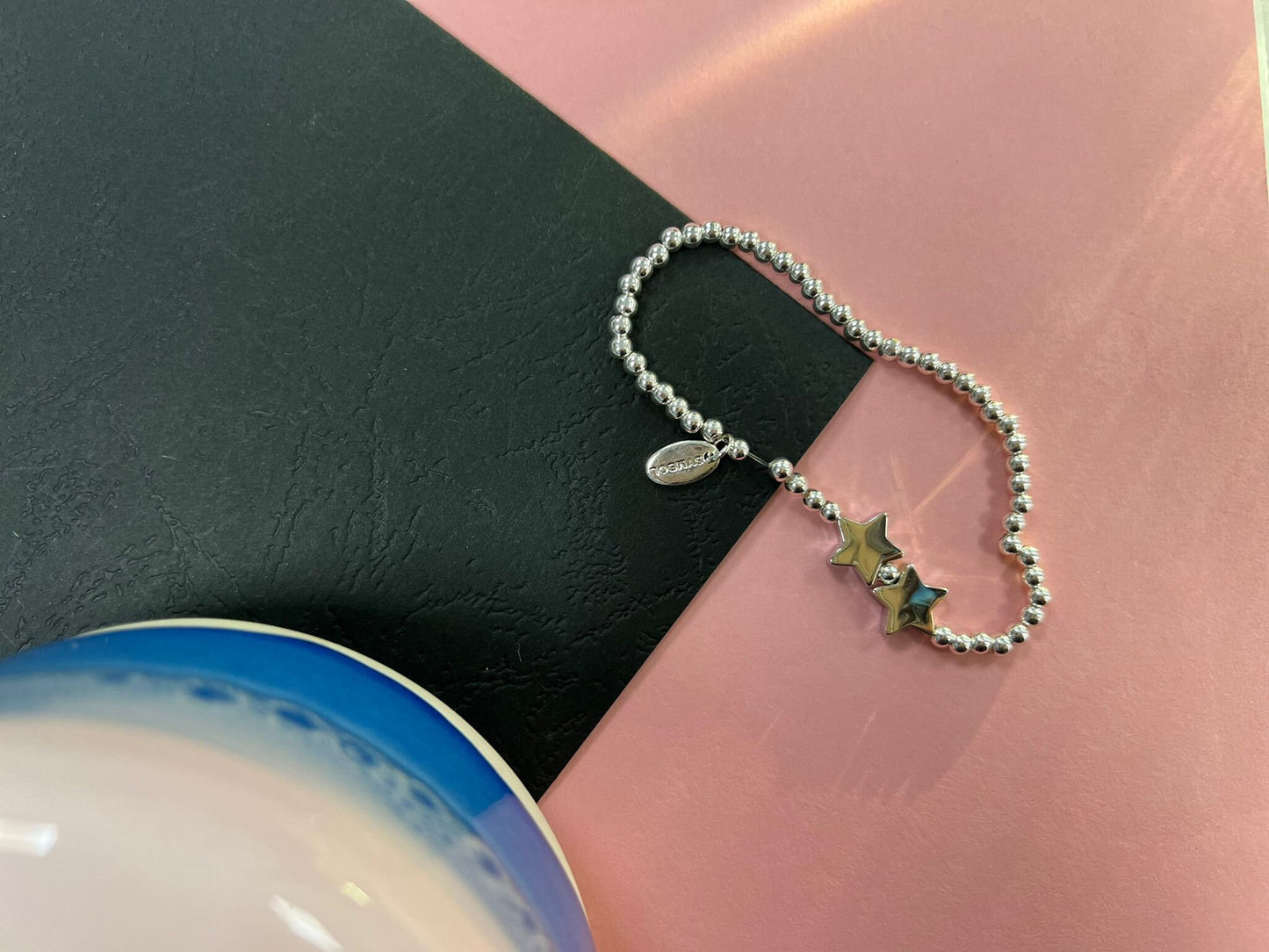 Silver Beads Double Star Kids Bracelet, Silver Woman Elastic beaded Bracelet Size S, Christmas Sentimental Kids Gift For Her,Stocking Filler