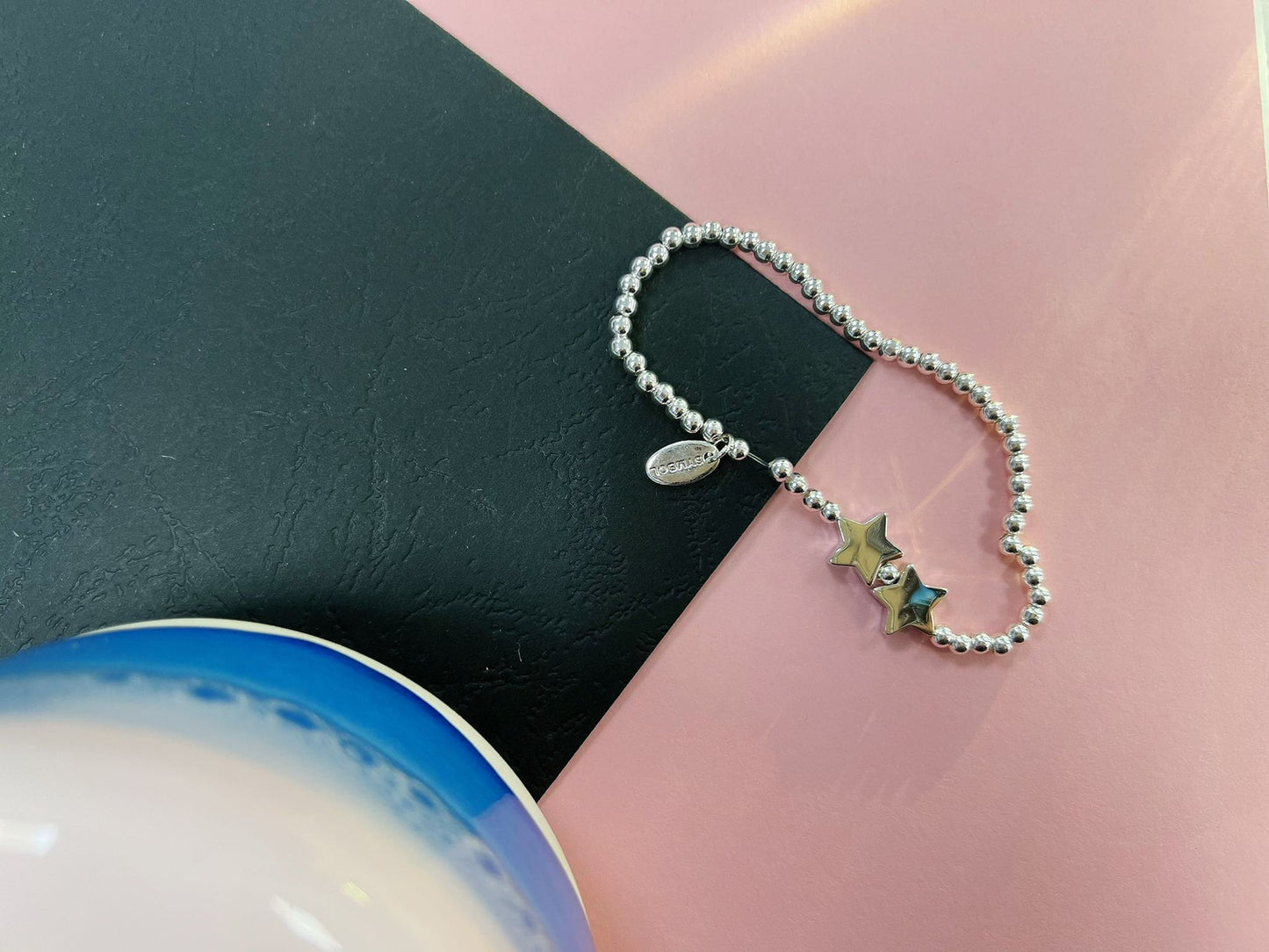 Silver Beads Double Star Kids Bracelet, Silver Woman Elastic beaded Bracelet Size S, Christmas Sentimental Kids Gift For Her,Stocking Filler