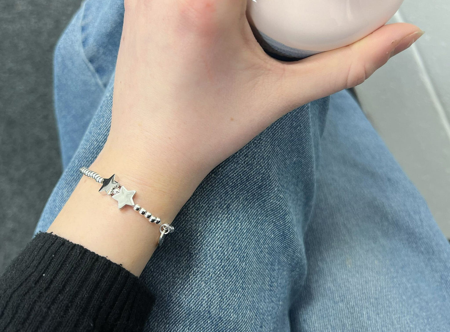 Silver Beads Double Star Kids Bracelet, Silver Woman Elastic beaded Bracelet Size S, Christmas Sentimental Kids Gift For Her,Stocking Filler