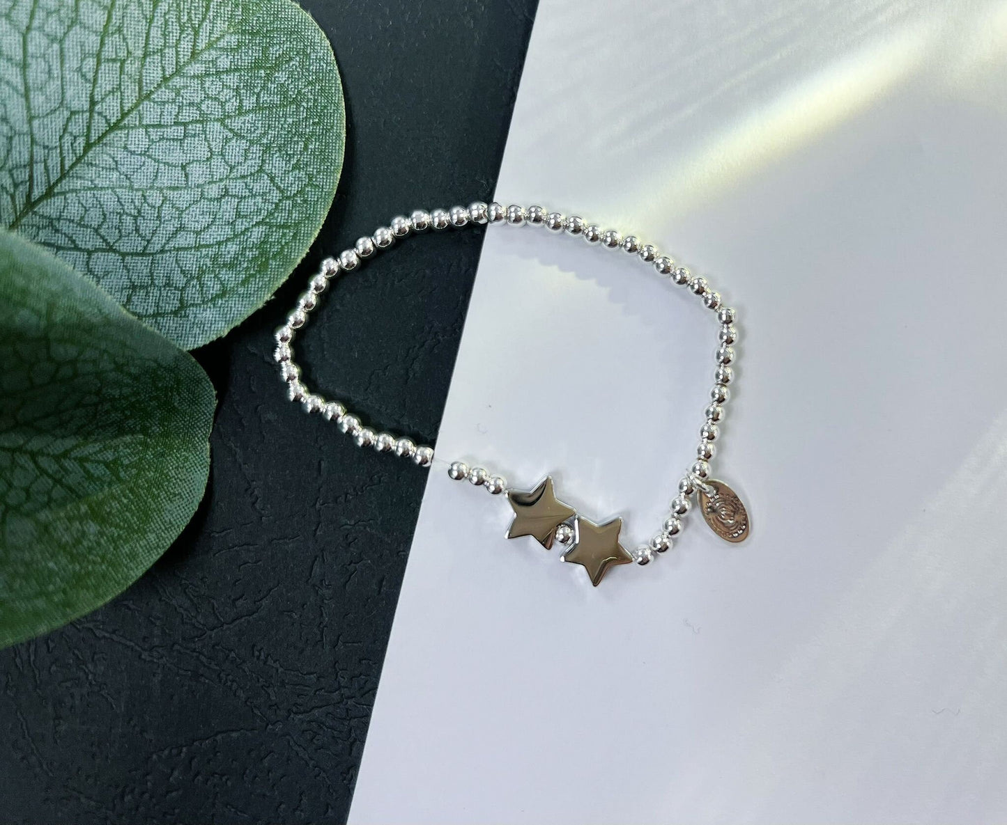 Silver Beads Double Star Kids Bracelet, Silver Woman Elastic beaded Bracelet Size S, Christmas Sentimental Kids Gift For Her,Stocking Filler