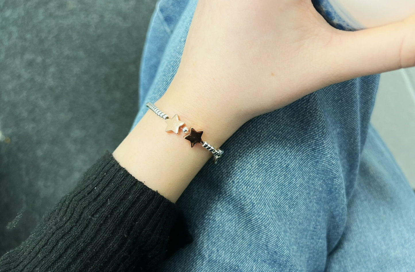 Rose Gold Beads Double Star Kids Bracelet, Silver Woman Elastic beaded Bracelet Size S, Christmas Sentimental Gift For Her,Stocking Filler
