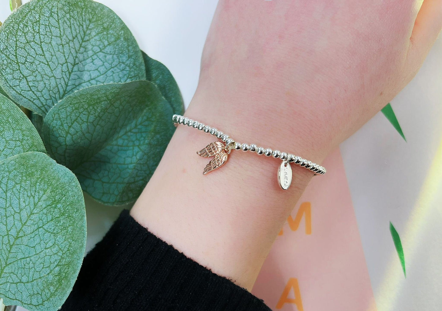 Silver Beads Angel Wings Kids Bracelet, Rose Gold Charm Woman Elastic beaded Bracelet Size S, Christmas Gift For Her,Stocking Fillers