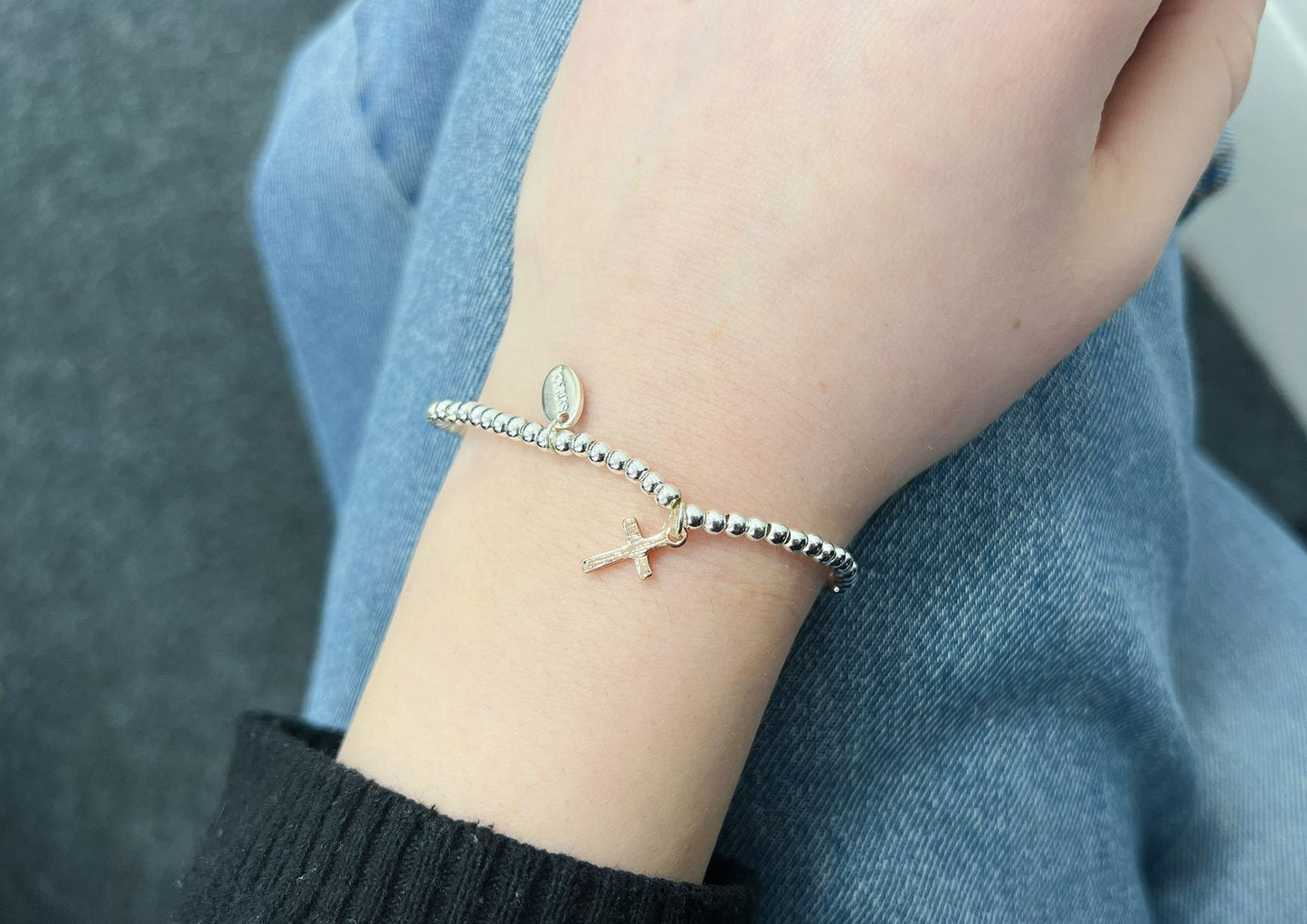 Silver Beads Cross Kids Bracelet, Rose Gold Cross Charm, Womens Elastic beaded Bracelet Size S, Christmas Gift For Her, Stocking Filler