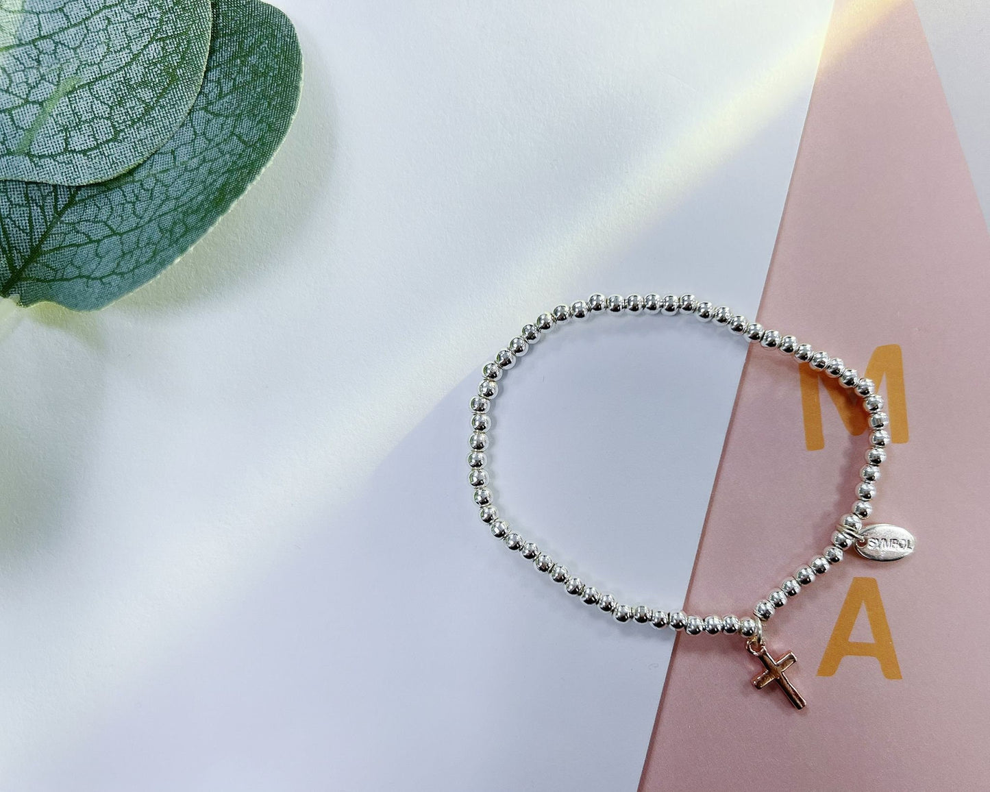 Silver Beads Cross Kids Bracelet, Rose Gold Cross Charm, Womens Elastic beaded Bracelet Size S, Christmas Gift For Her, Stocking Filler