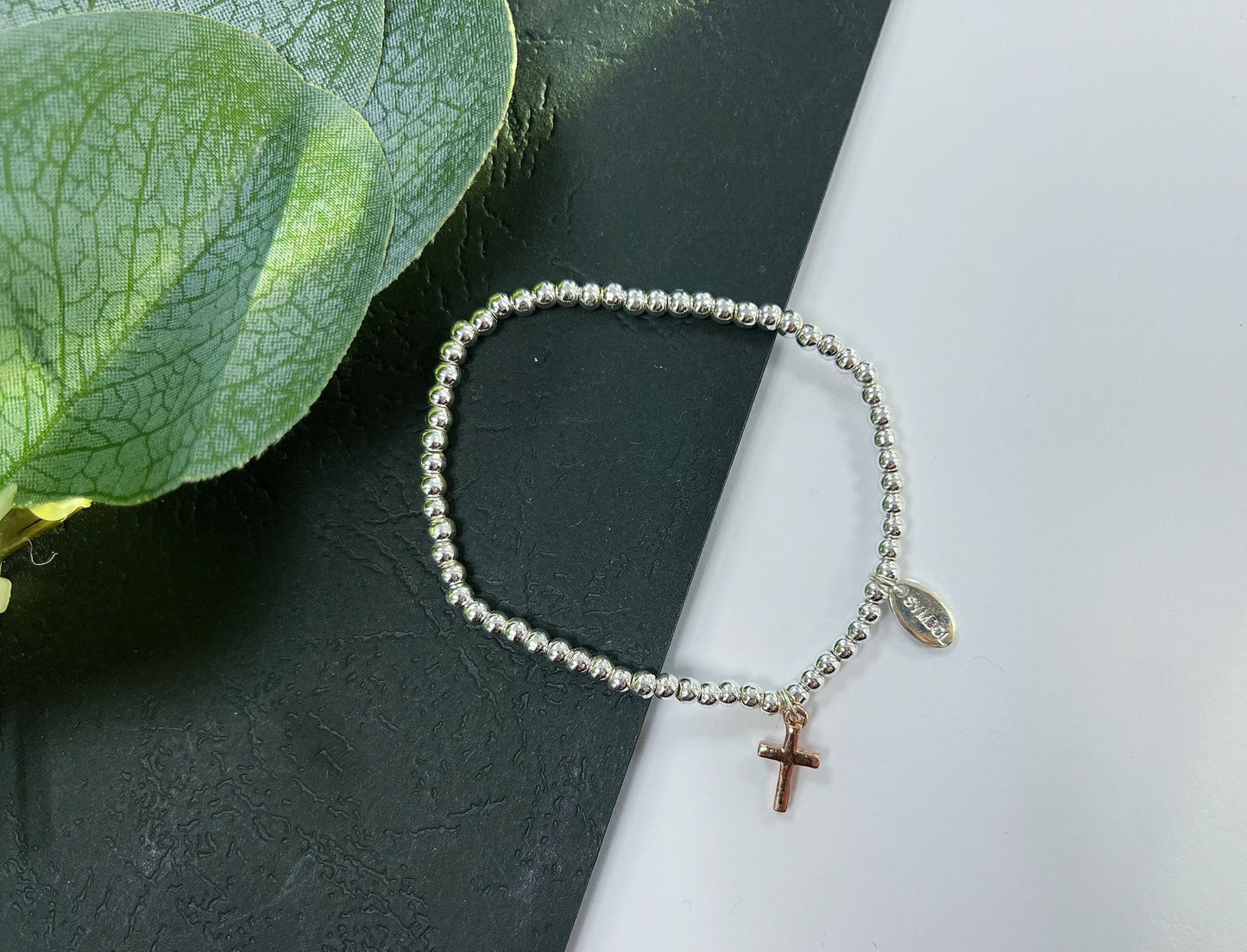 Silver Beads Cross Kids Bracelet, Rose Gold Cross Charm, Womens Elastic beaded Bracelet Size S, Christmas Gift For Her, Stocking Filler